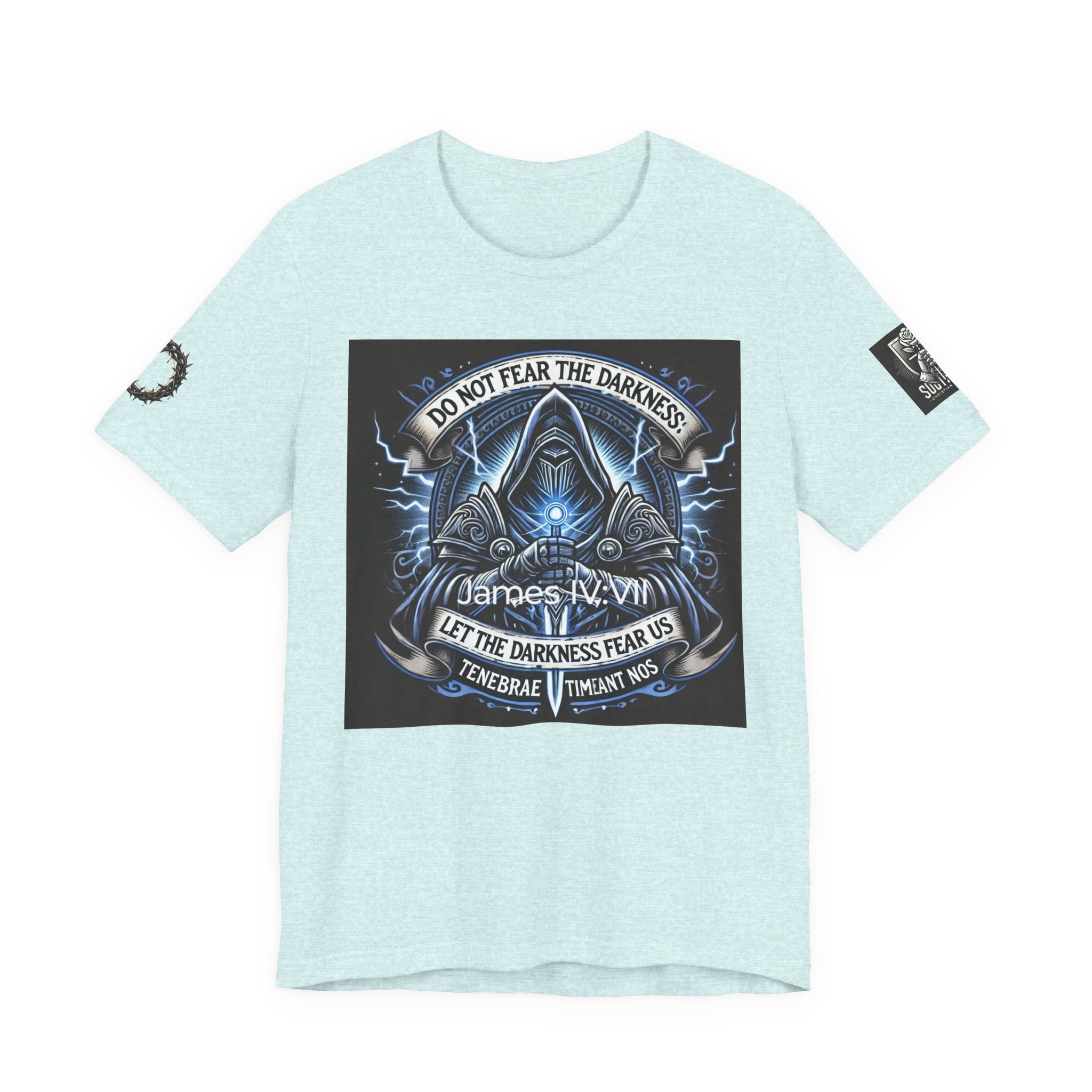 Do Not Fear the Darkness Graphic Tee — 'James IV:VII' Hooded Figure Shirt