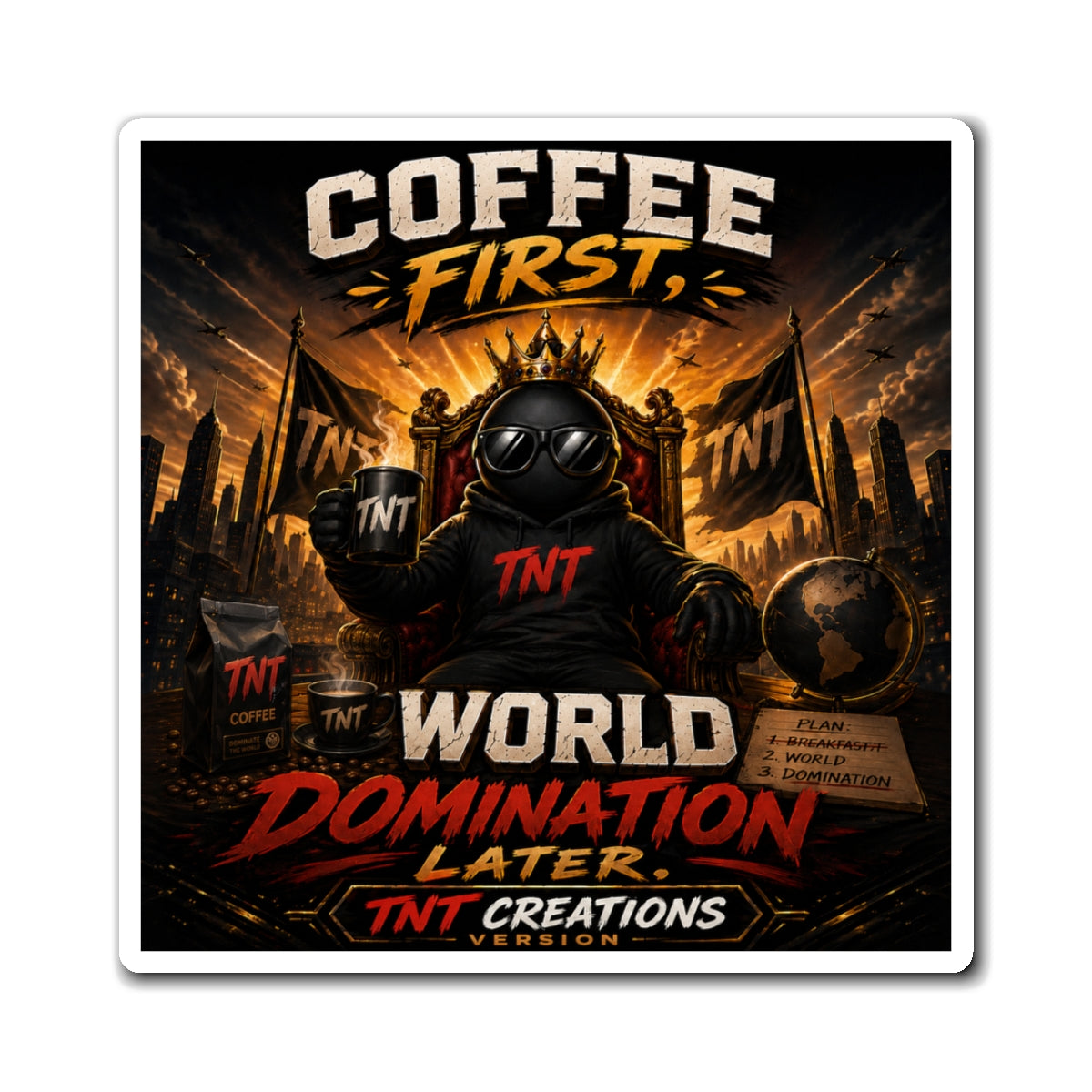 Coffee First Magnet — "World Domination Later" Retro Espresso Kitchen Magnet