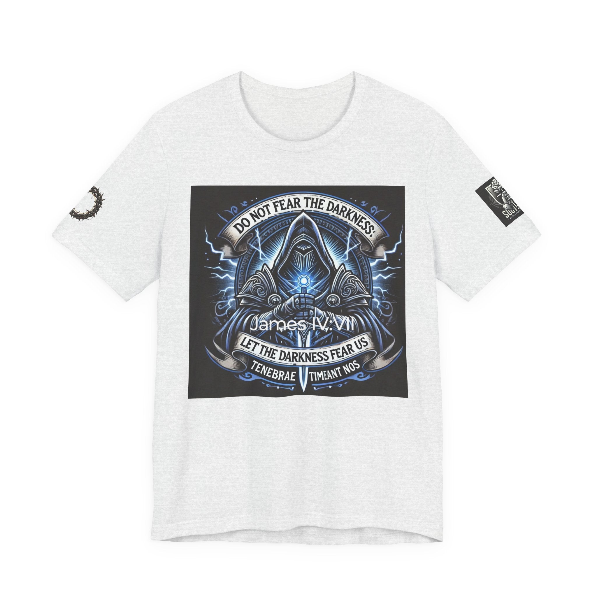 Do Not Fear the Darkness Graphic Tee — 'James IV:VII' Hooded Figure Shirt