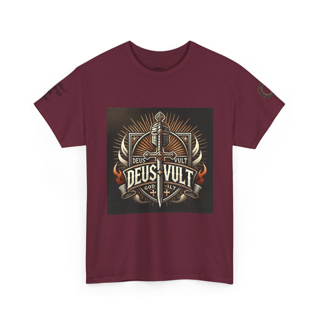 Deus Vult Sword T‑Shirt — Crusader Vintage Shield Design