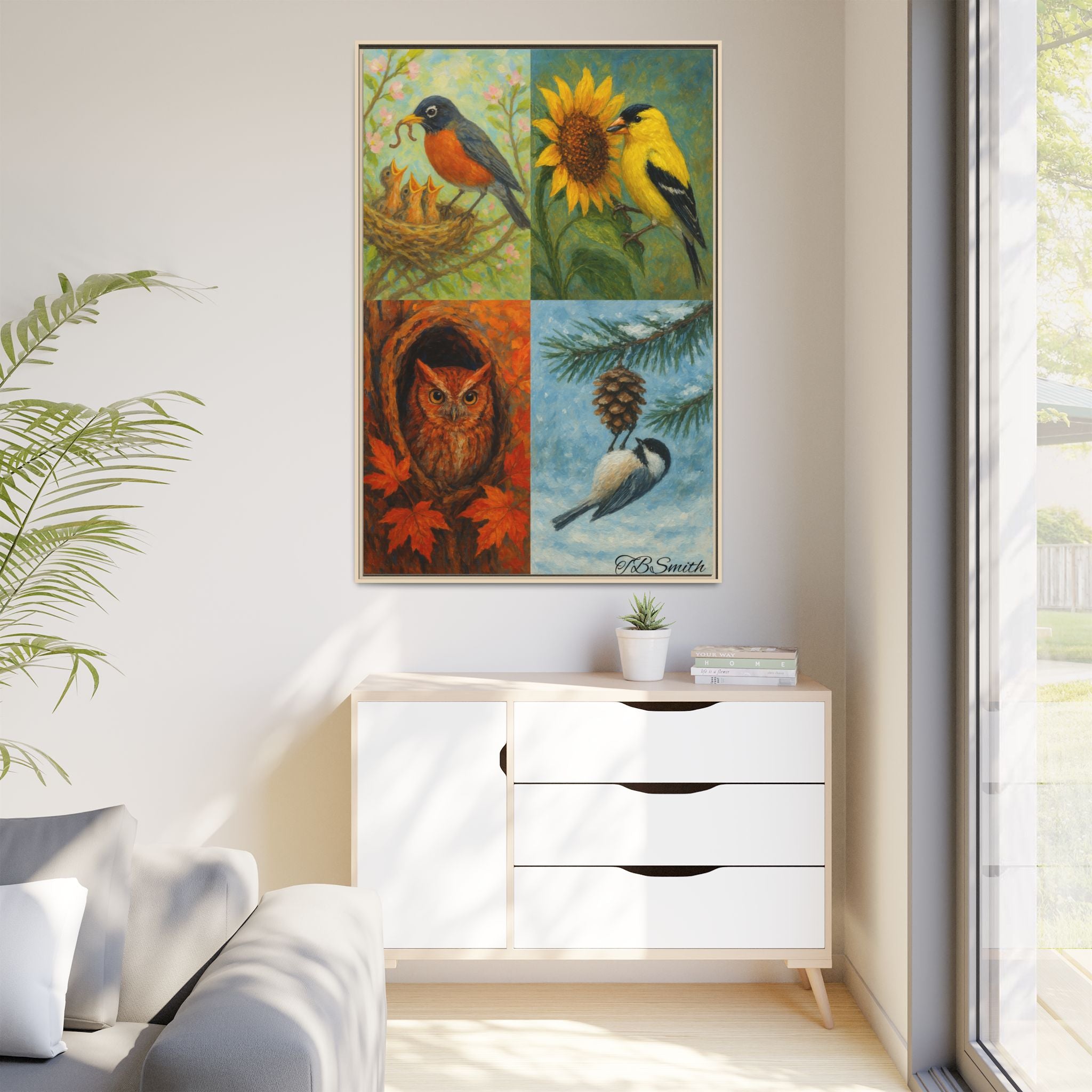 Framed Bird Trio Matte Canvas Art – Spring & Autumn Songbirds