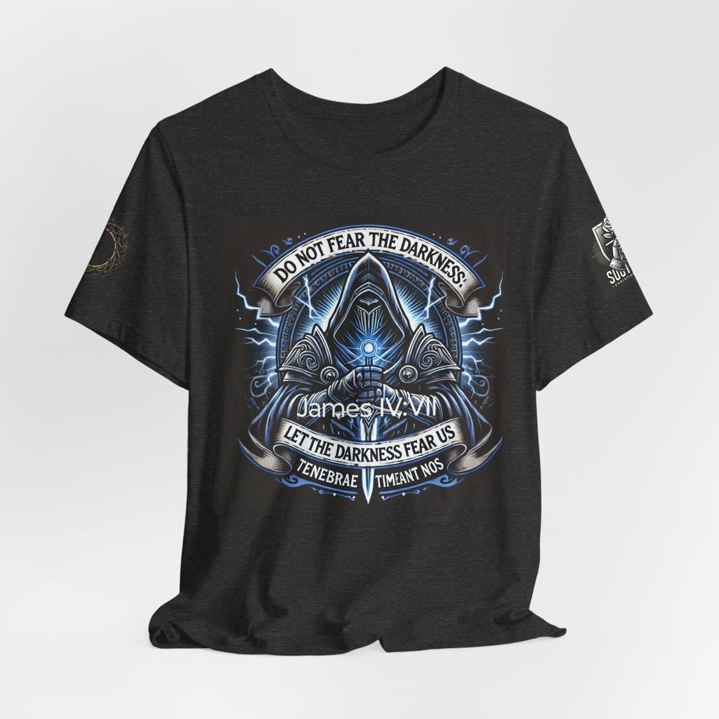 Do Not Fear the Darkness Graphic Tee — 'James IV:VII' Hooded Figure Shirt