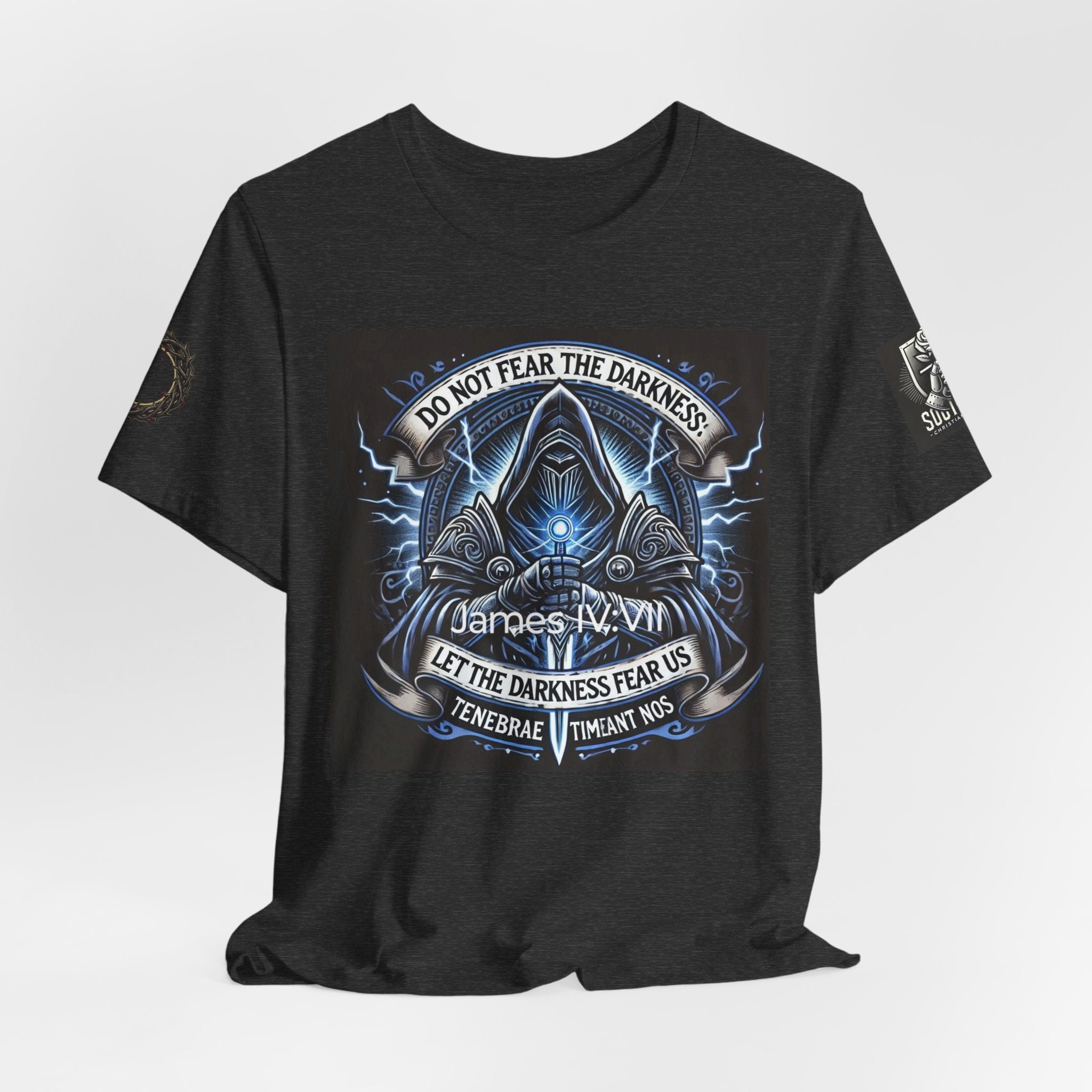 Do Not Fear the Darkness Graphic Tee — 'James IV:VII' Hooded Figure Shirt
