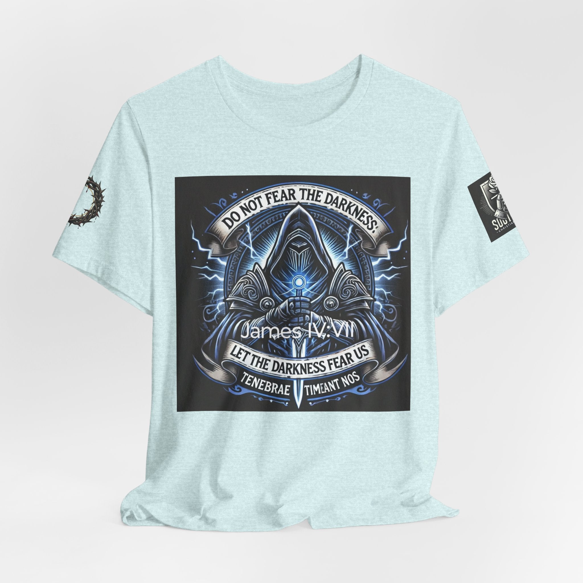 Do Not Fear the Darkness Graphic Tee — 'James IV:VII' Hooded Figure Shirt