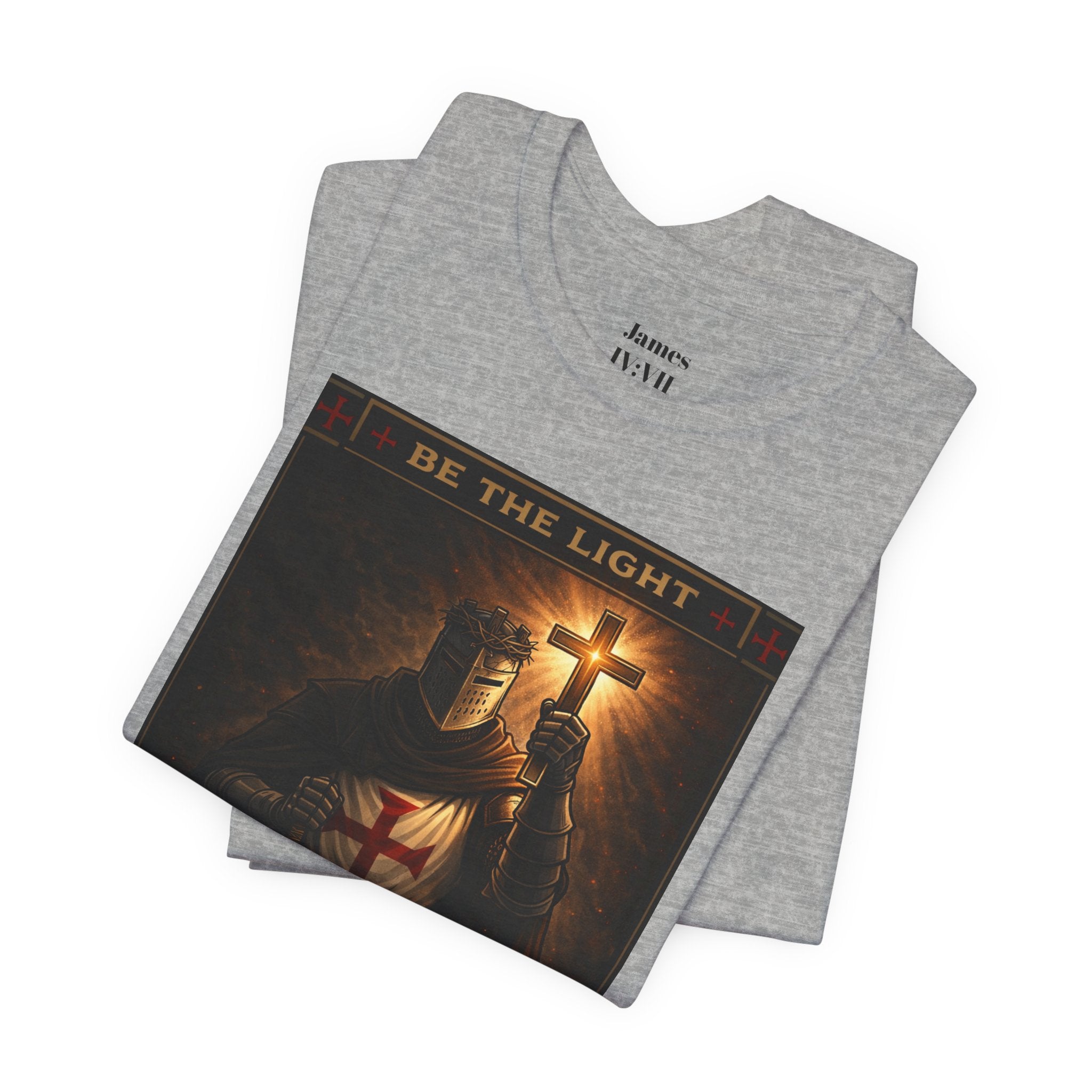 Christian Knight T-Shirt — "Be the Light" Crusader Graphic Tee (Don't Try Me Satan)