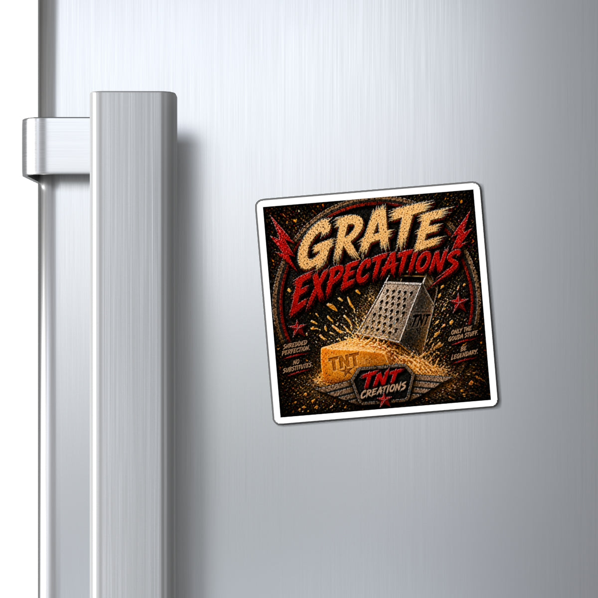 Grate Expectations Magnet — Funny Cheese Grater TNT Design Fridge Sticker