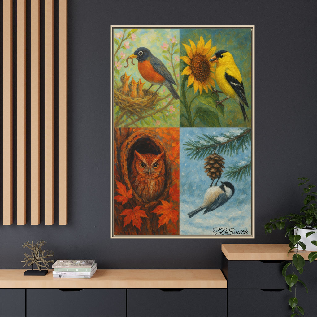 Framed Bird Trio Matte Canvas Art – Spring & Autumn Songbirds