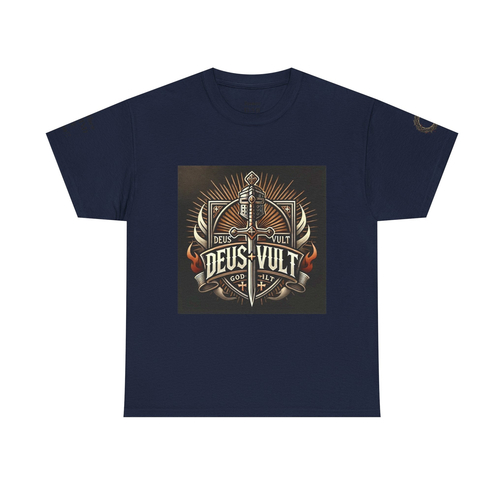 Deus Vult Sword T‑Shirt — Crusader Vintage Shield Design