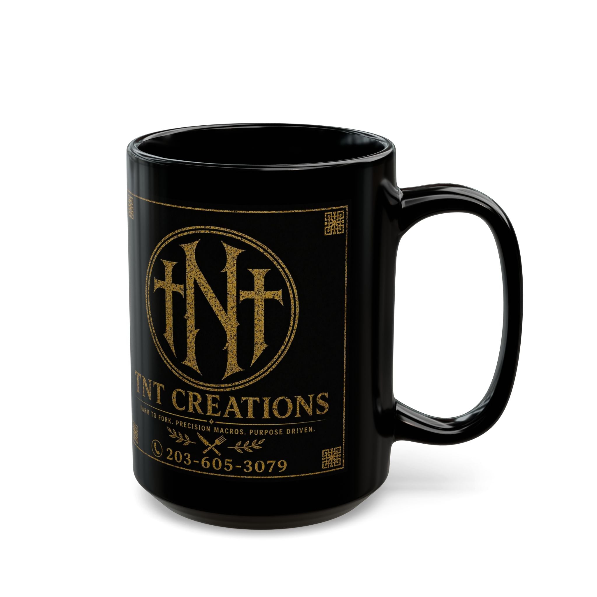 TNT Creations Black Ceramic Mug — Bold Gold Logo Coffee Cup (11oz & 15oz)