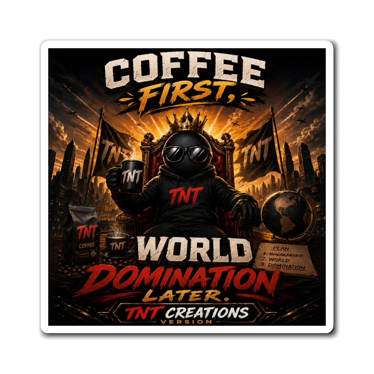 Coffee First Magnet — "World Domination Later" Retro Espresso Kitchen Magnet
