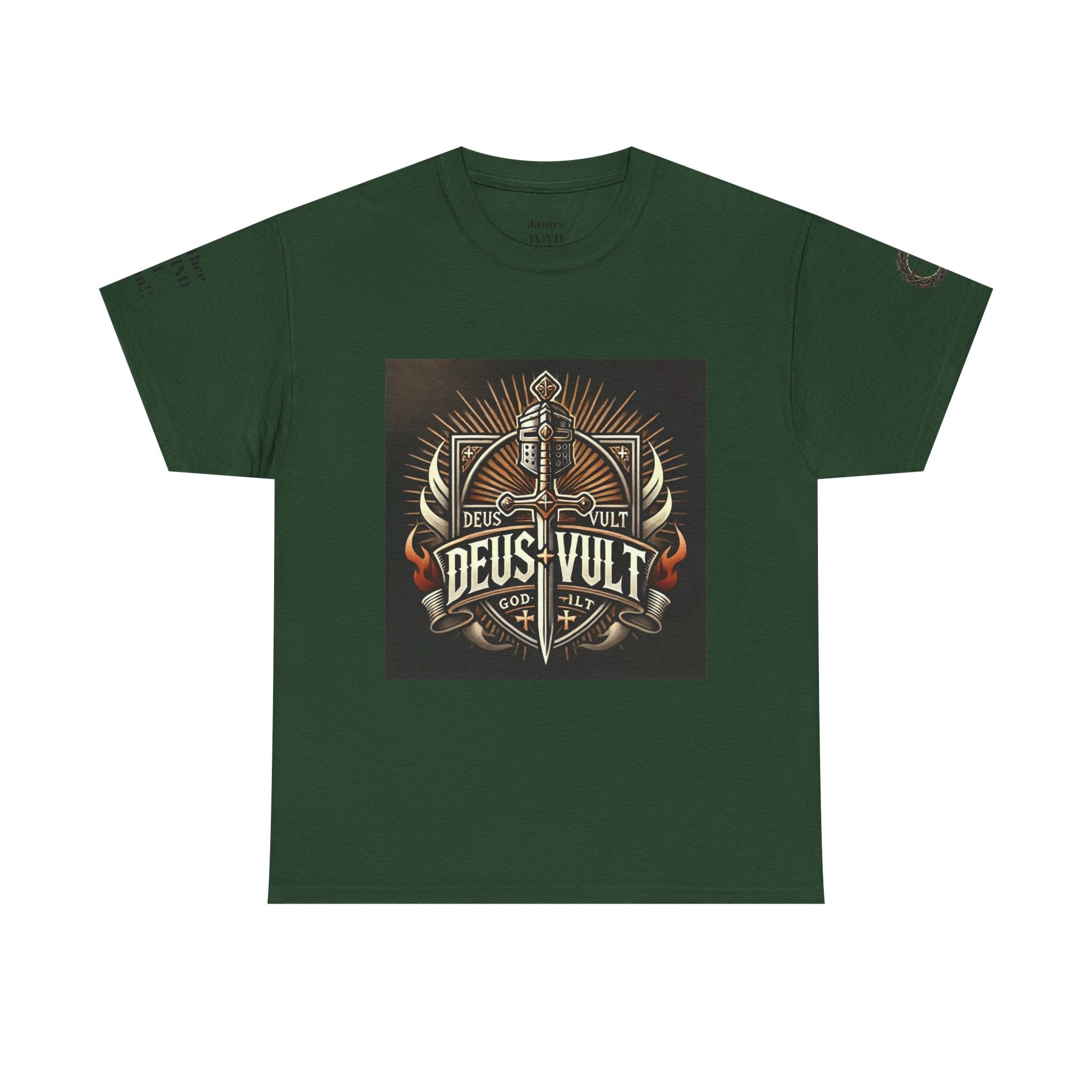 Deus Vult Sword T‑Shirt — Crusader Vintage Shield Design