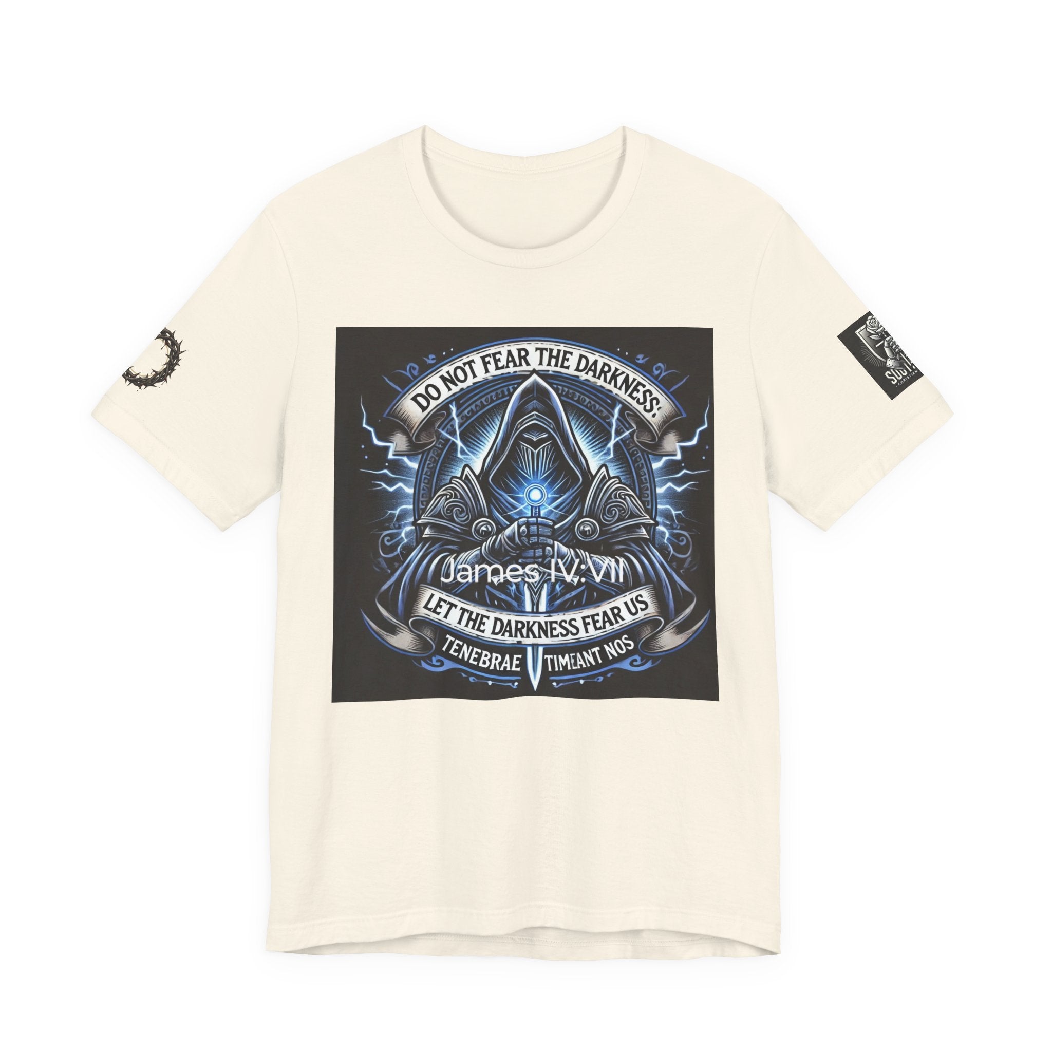 Do Not Fear the Darkness Graphic Tee — 'James IV:VII' Hooded Figure Shirt