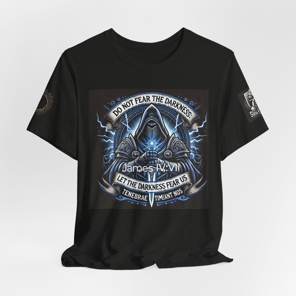 Do Not Fear the Darkness Graphic Tee — 'James IV:VII' Hooded Figure Shirt
