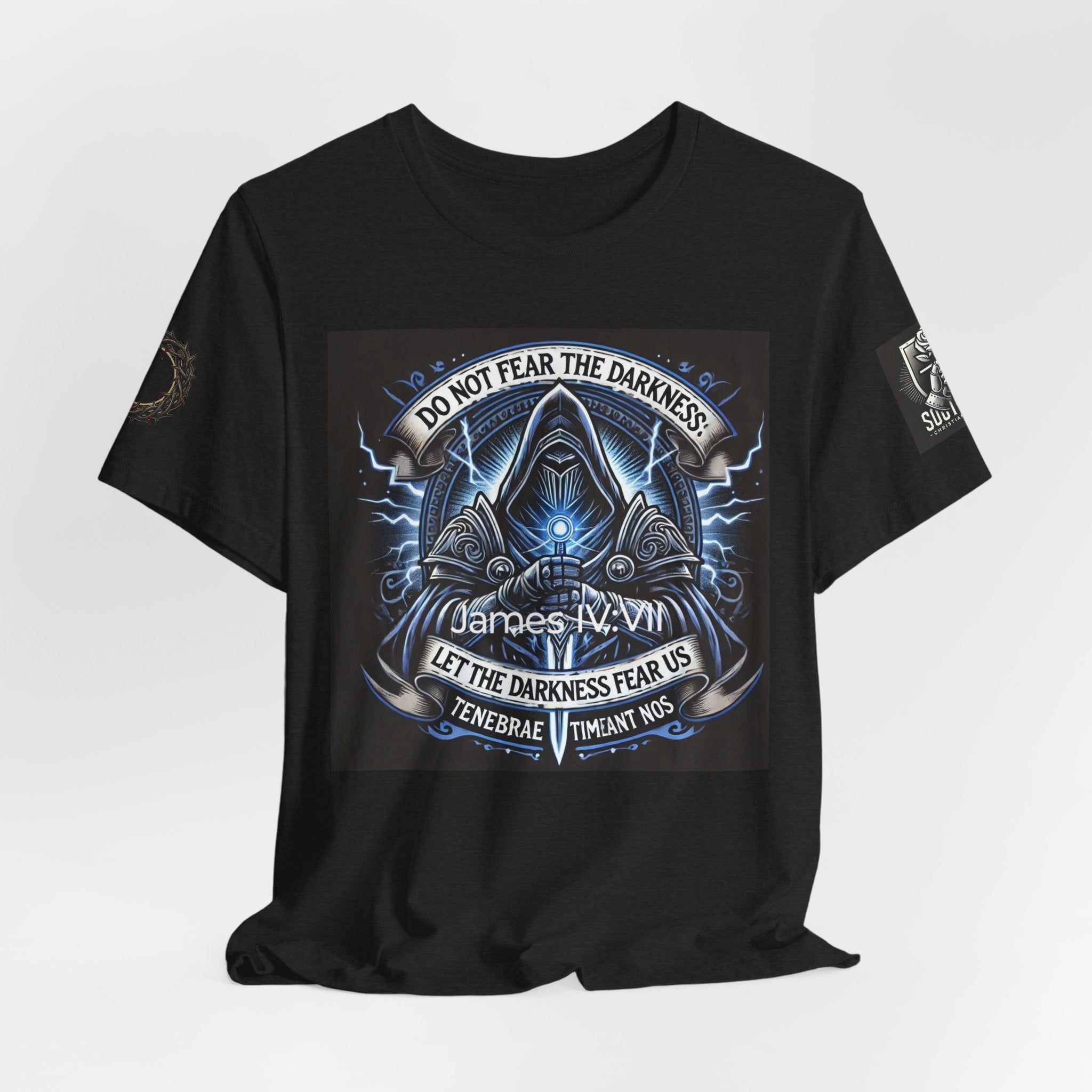 Do Not Fear the Darkness Graphic Tee — 'James IV:VII' Hooded Figure Shirt