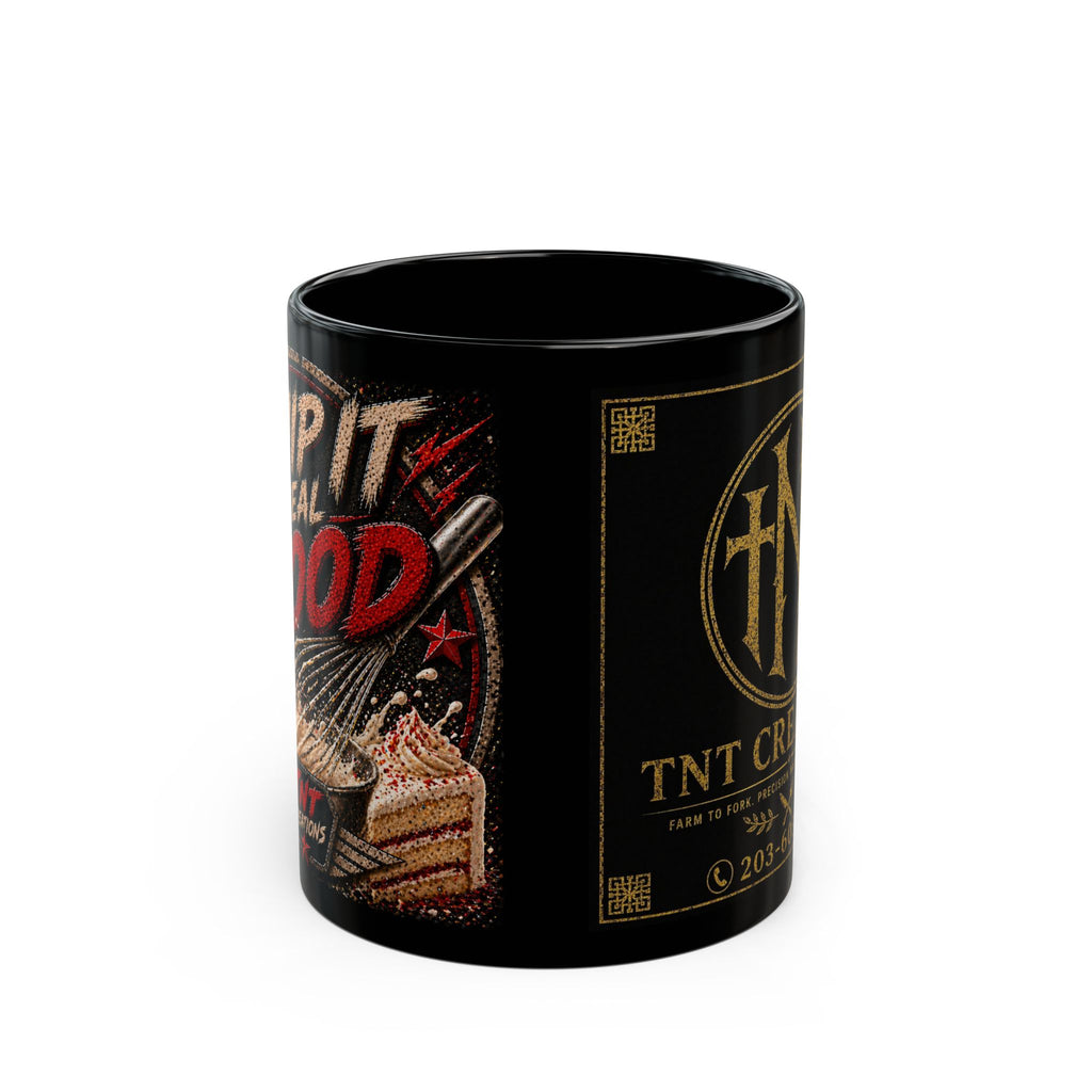 TNT Creations Black Coffee Mug – Retro Rock Badge Design (11oz/15oz)