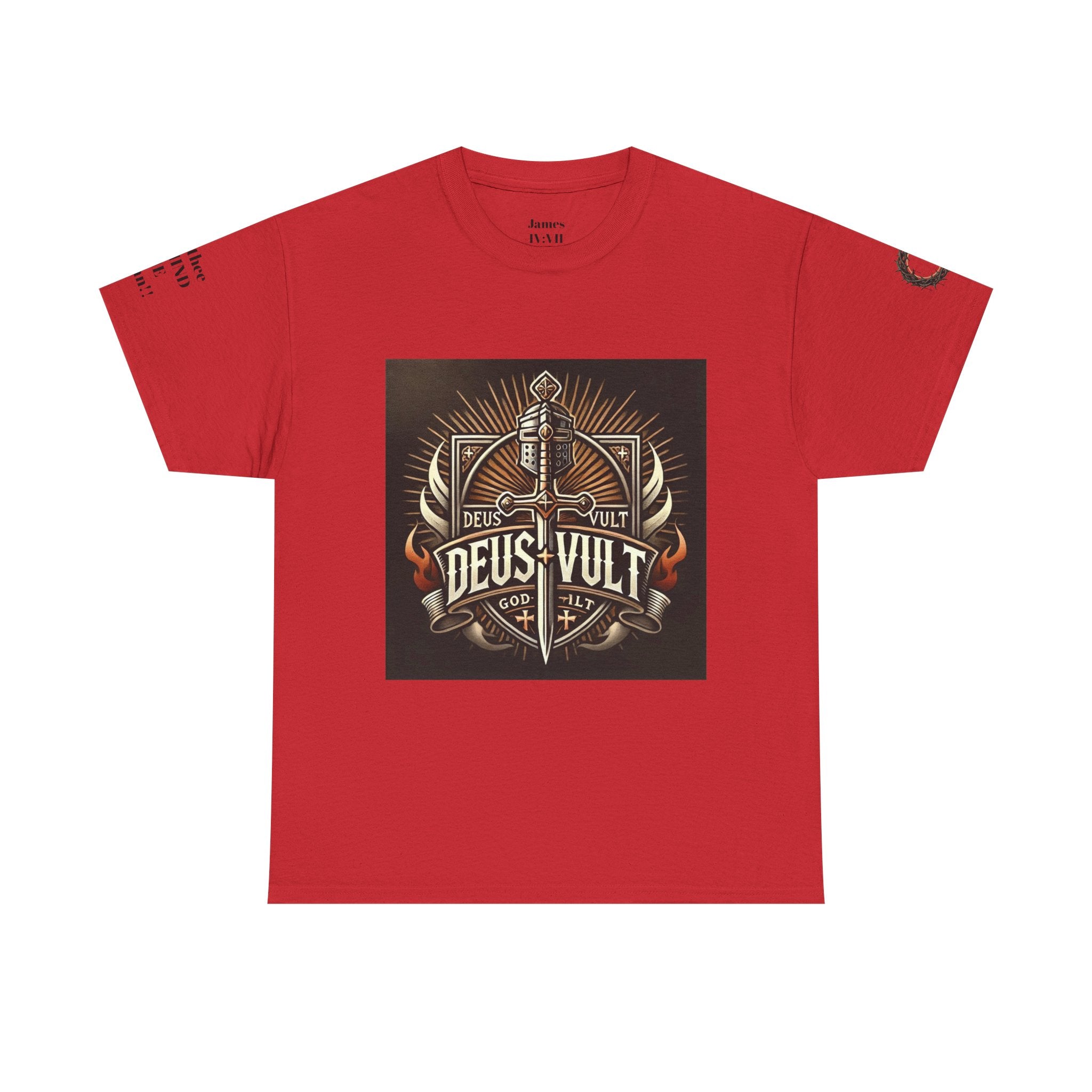 Deus Vult Sword T‑Shirt — Crusader Vintage Shield Design