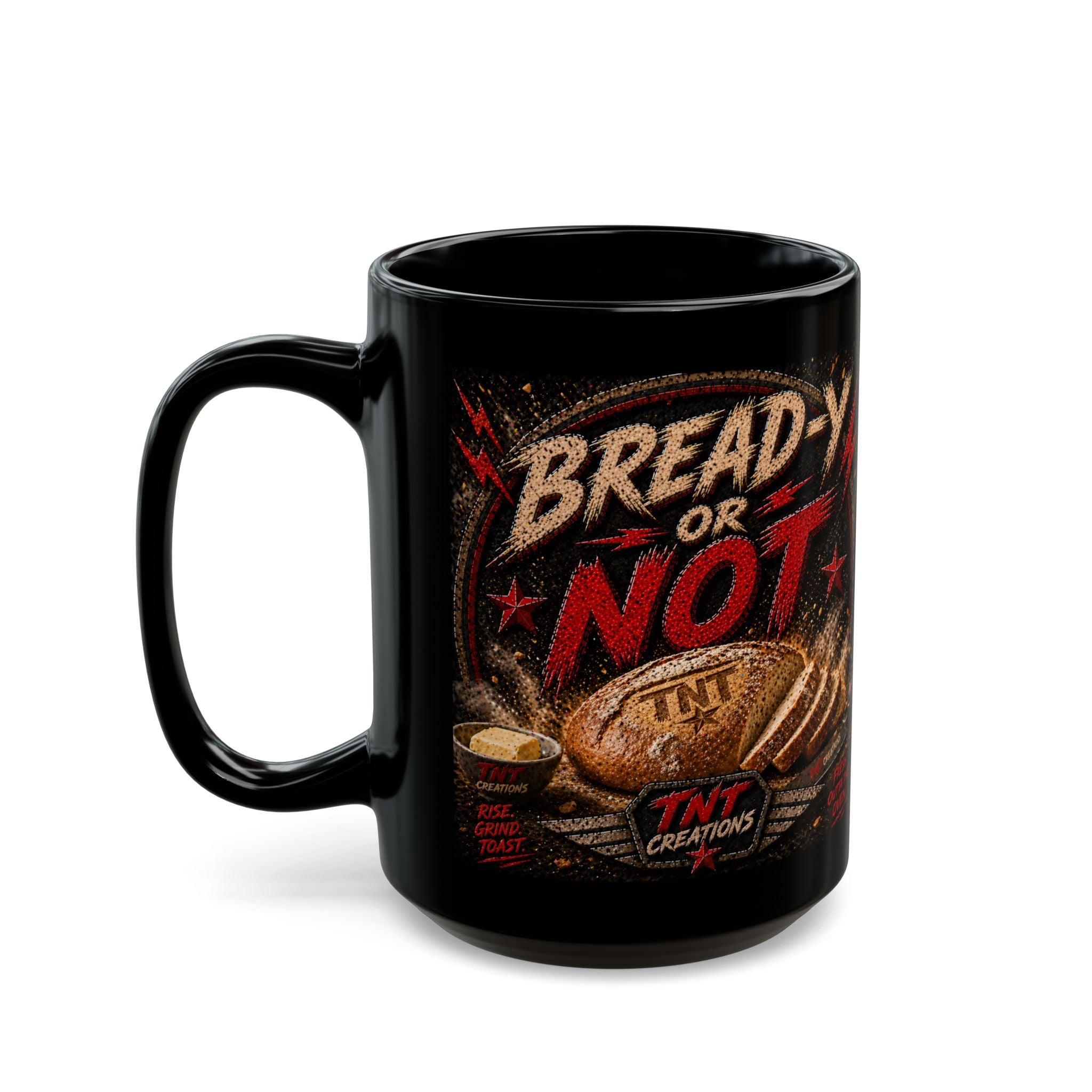 TNT Creations Black Ceramic Mug — Gold Logo Coffee Cup (11oz/15oz)