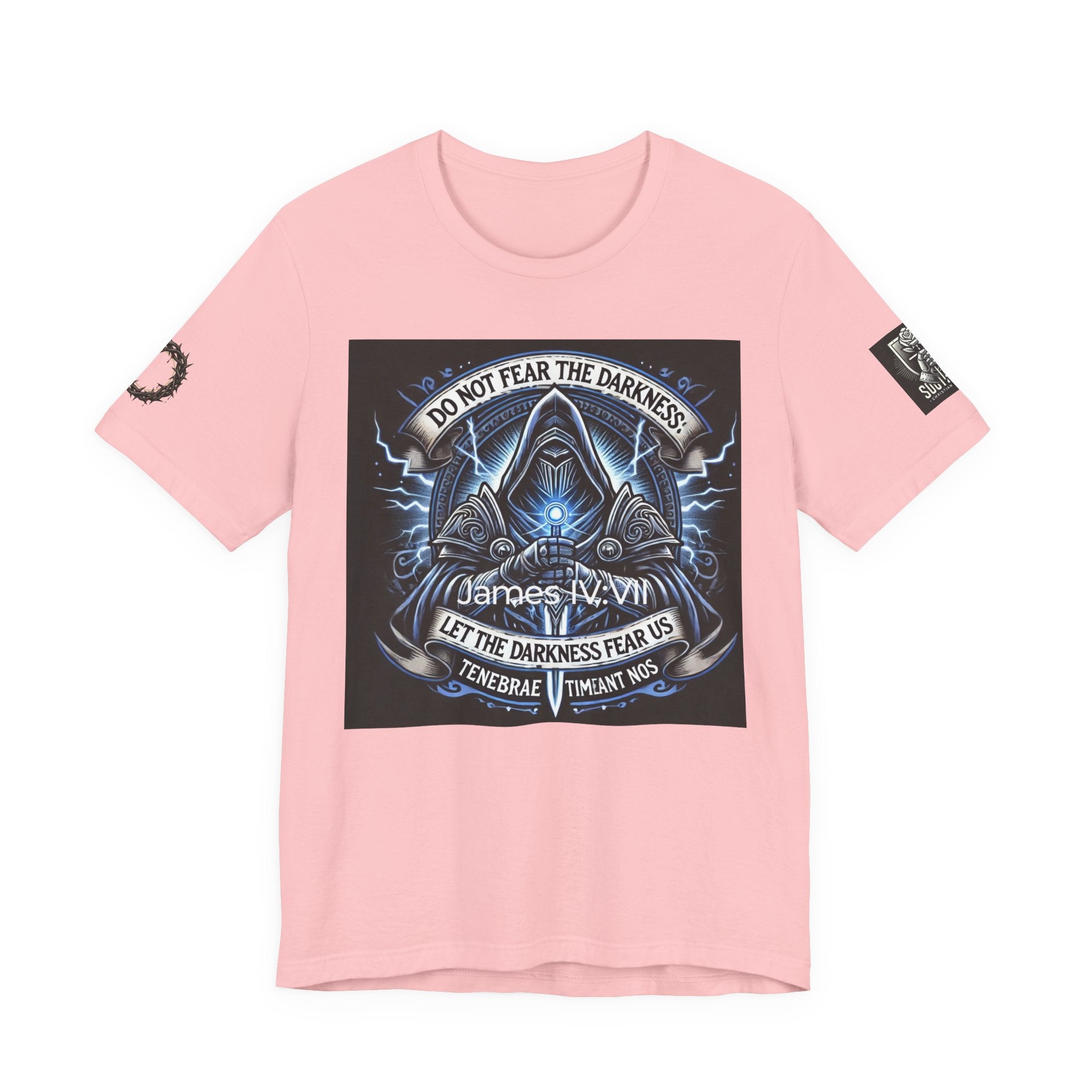 Do Not Fear the Darkness Graphic Tee — 'James IV:VII' Hooded Figure Shirt