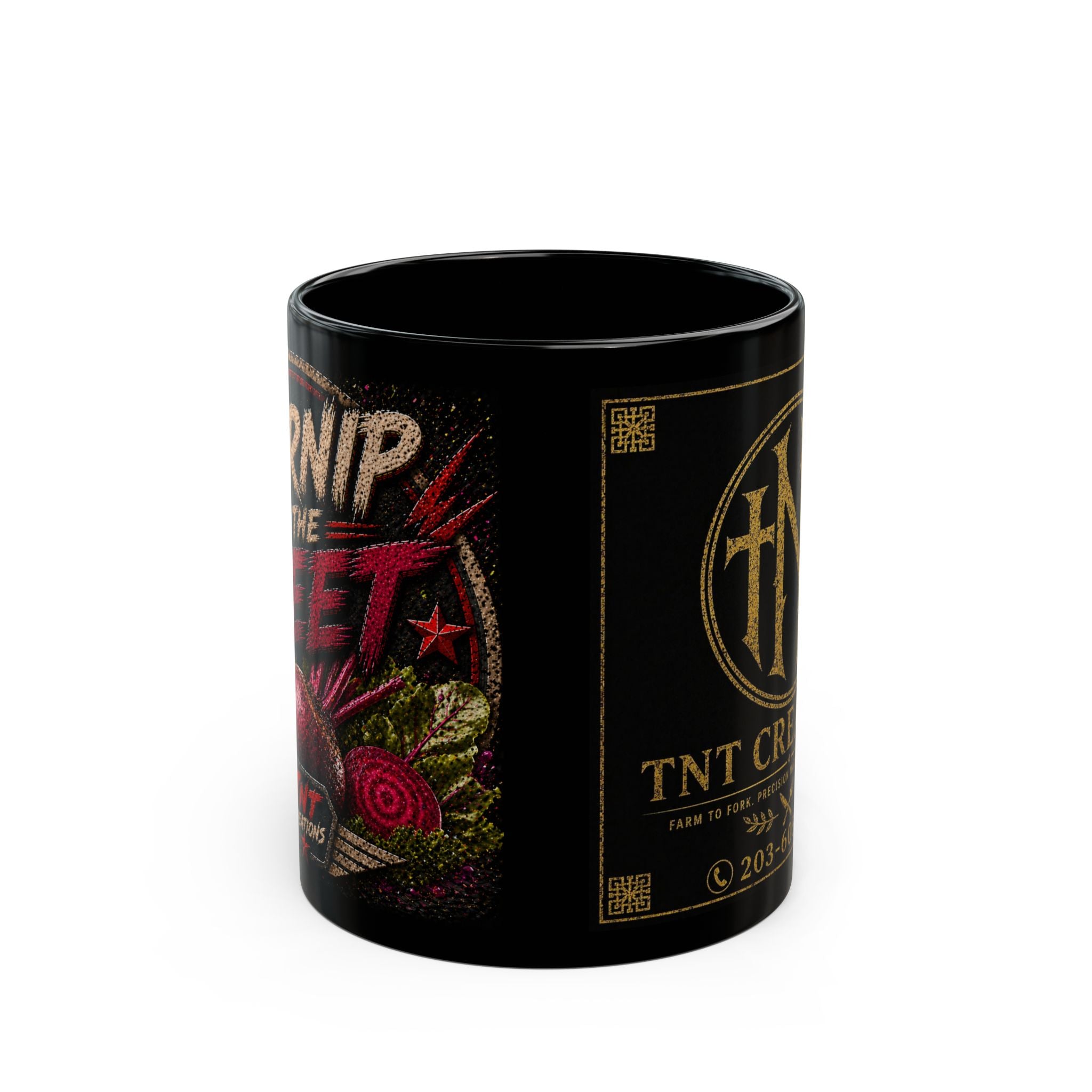 TNT Creations Black Ceramic Mug — Gothic Logo & Dark Floral Design (11oz/15oz)