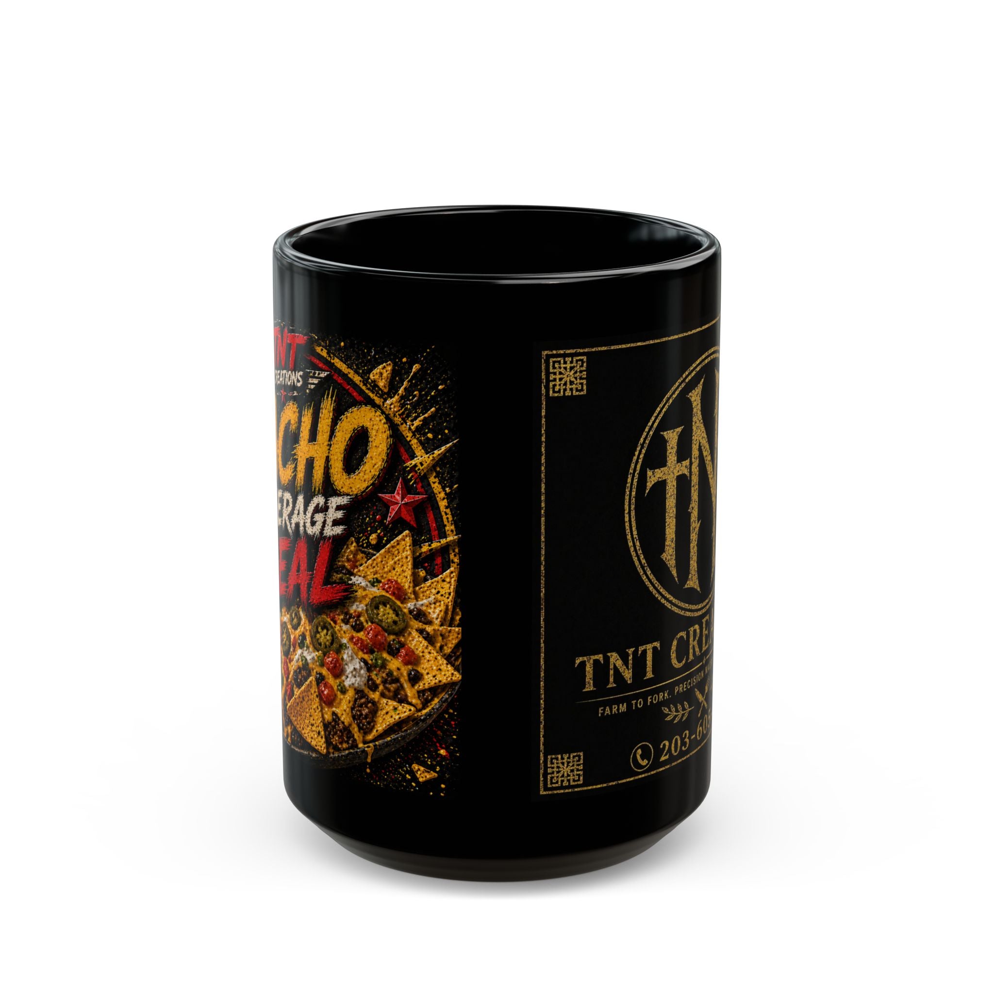TNT Creations Black Ceramic Mug — Bold Gold Logo Coffee Cup (11oz & 15oz)