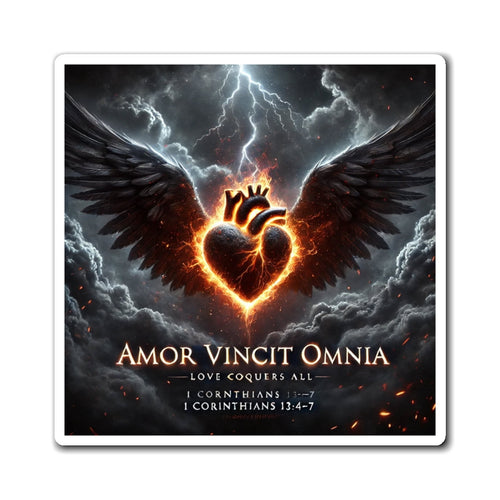 Amor Vincit Omnia Heart & Wings Magnet — 'Love Conquers All' Inspirational Bible Verse 1 Corinthians 13:4-7