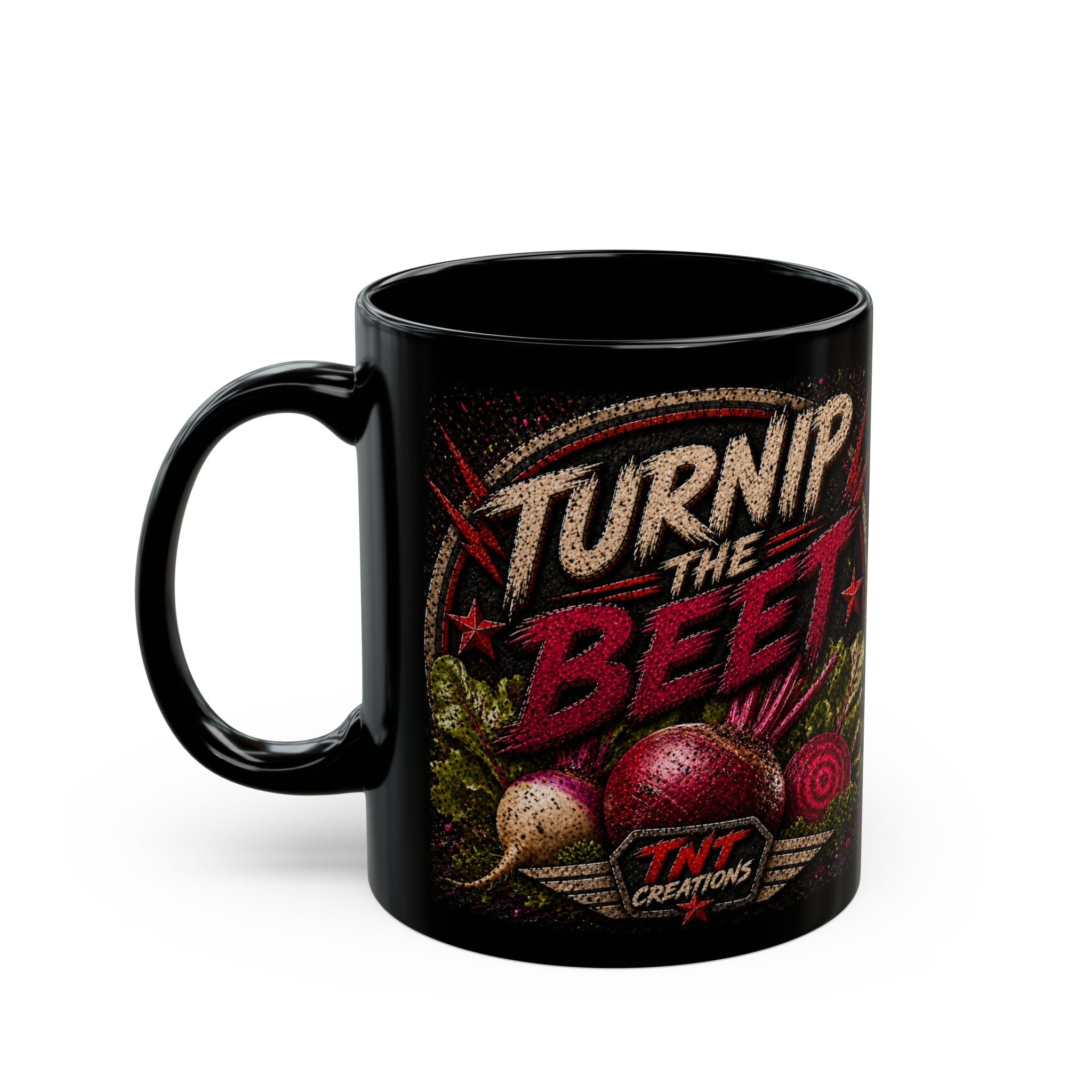 TNT Creations Black Ceramic Mug — Gothic Logo & Dark Floral Design (11oz/15oz)