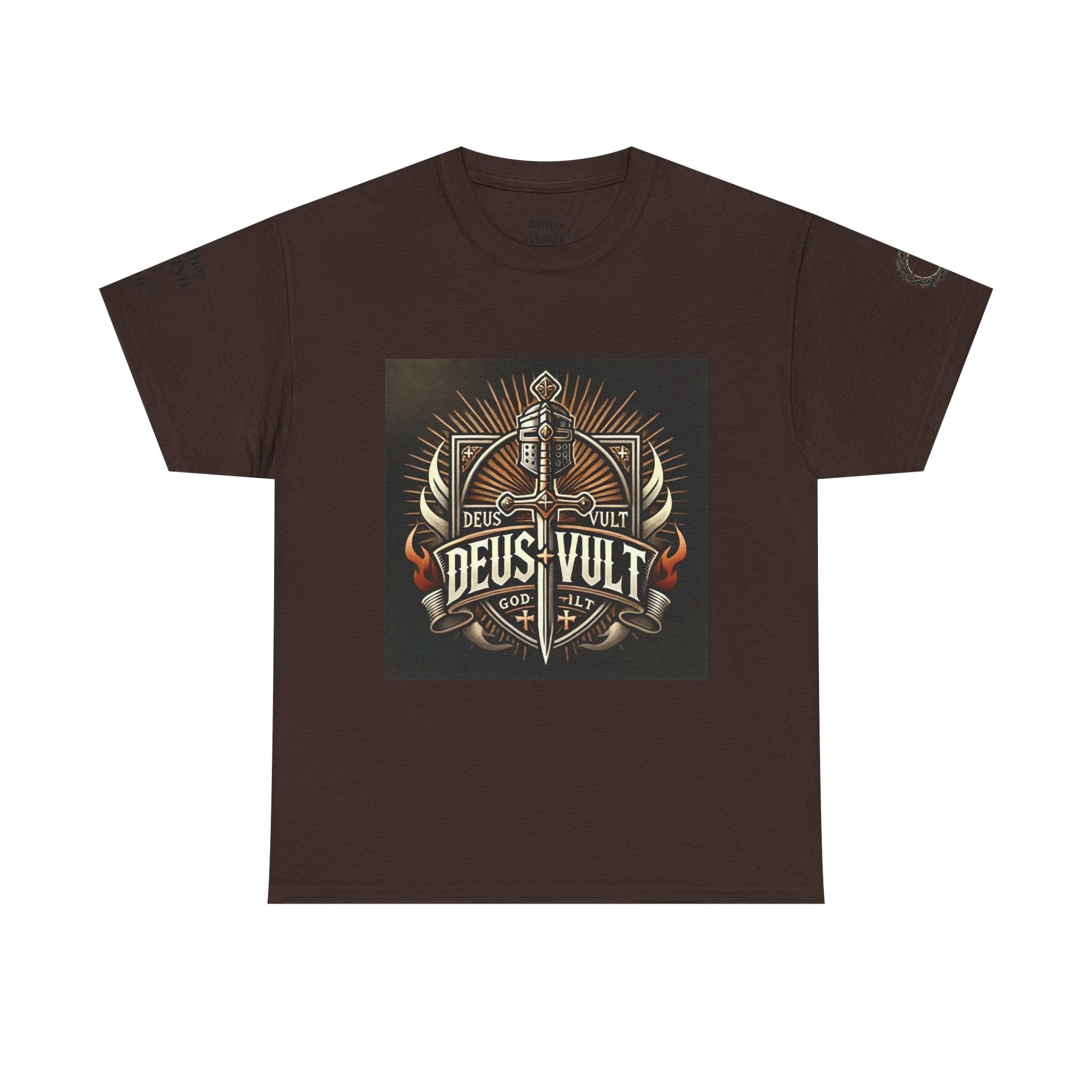 Deus Vult Sword T‑Shirt — Crusader Vintage Shield Design