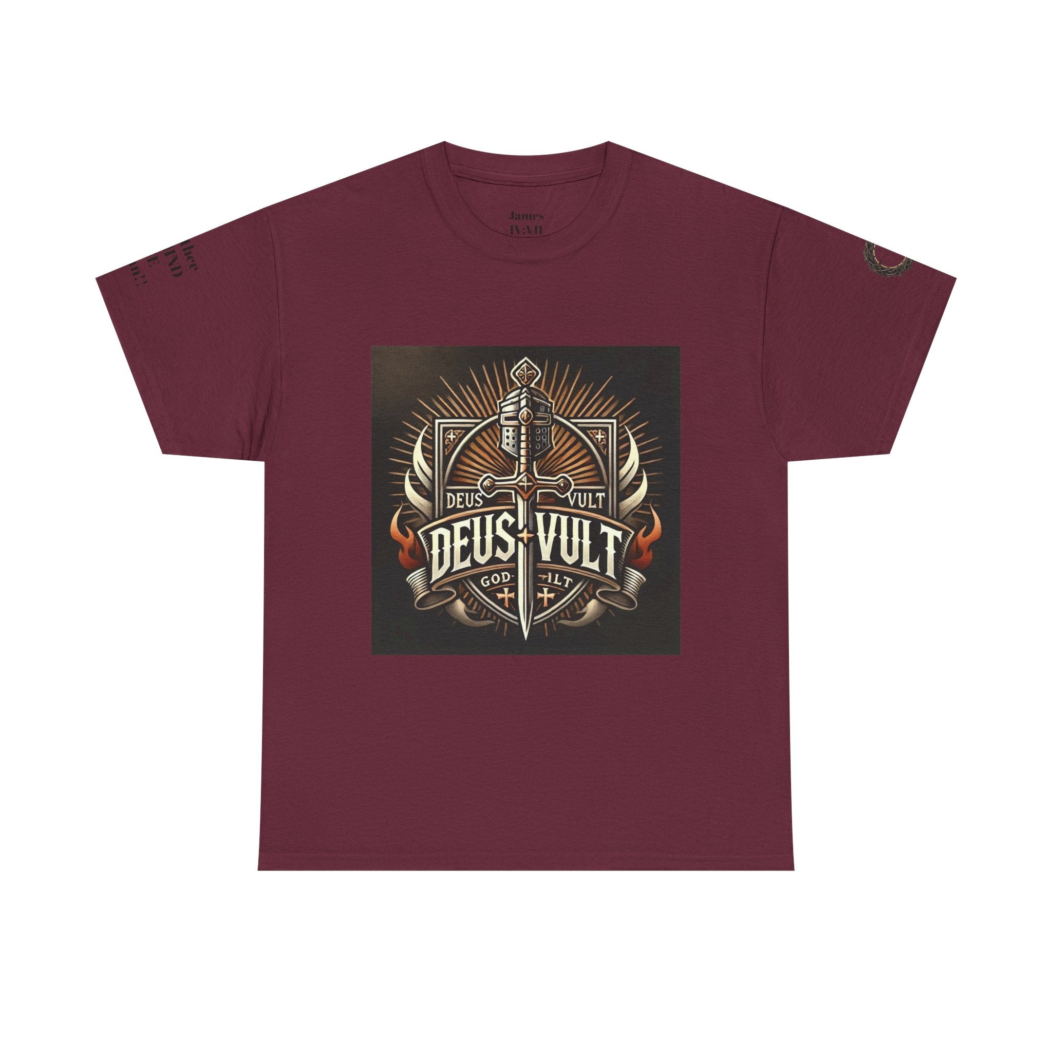 Deus Vult Sword T‑Shirt — Crusader Vintage Shield Design