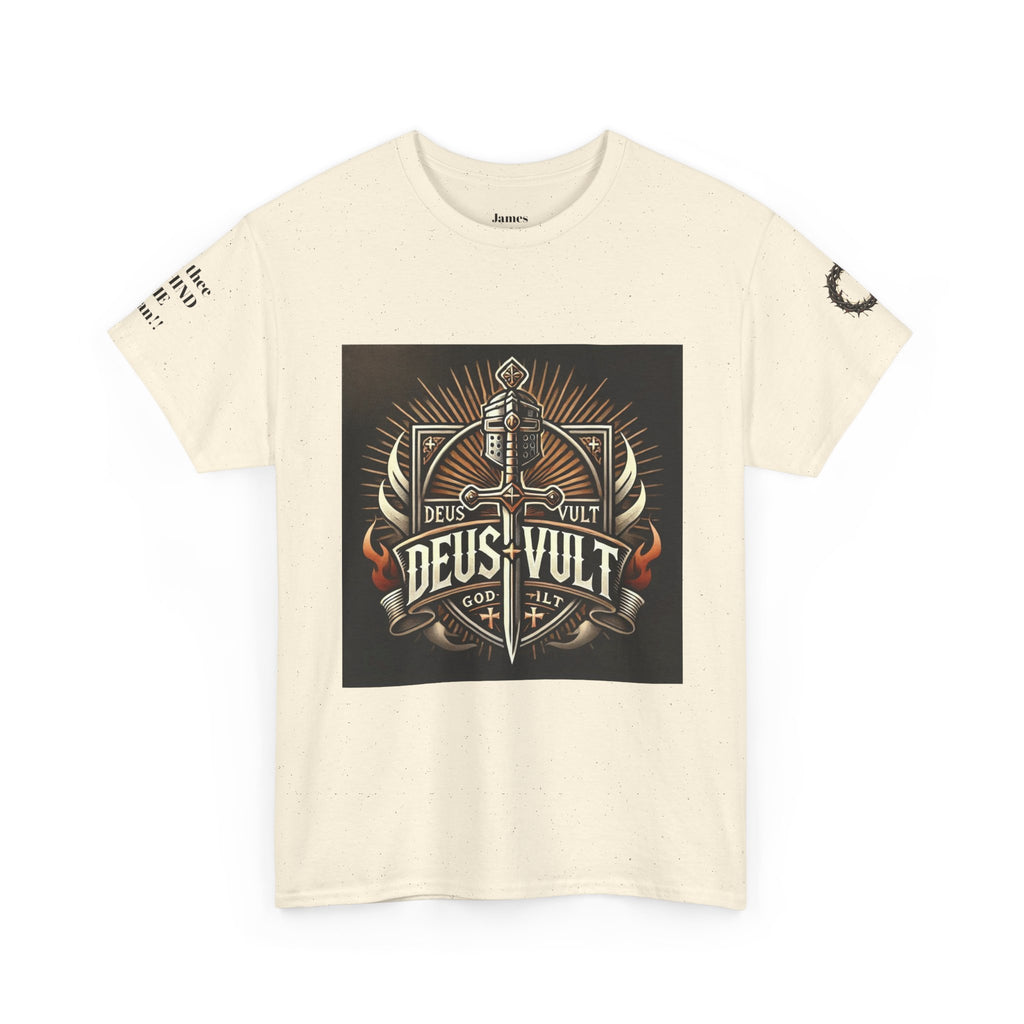 Deus Vult Sword T‑Shirt — Crusader Vintage Shield Design