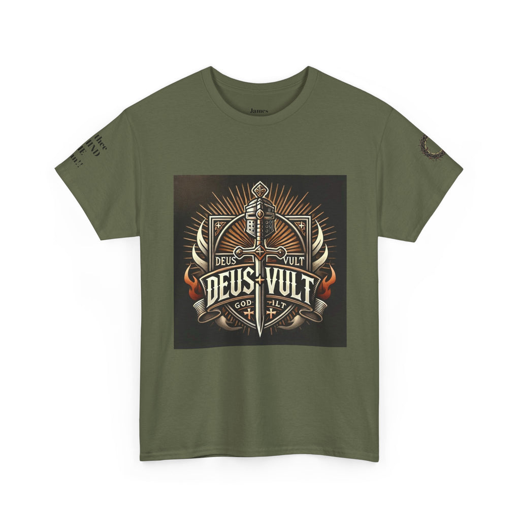 Deus Vult Sword T‑Shirt — Crusader Vintage Shield Design