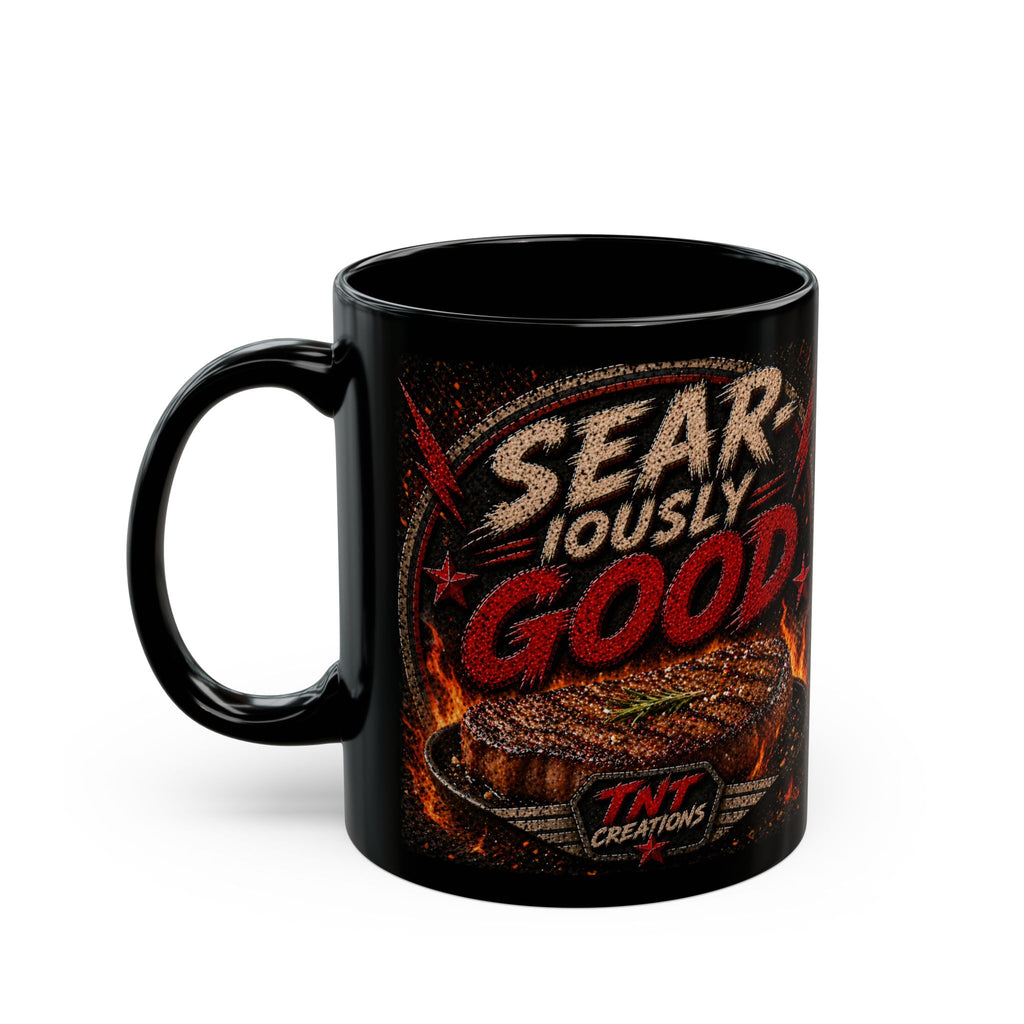 Black Ceramic Mug — TNT Creations Logo & Horror Flame Design (11oz, 15oz)