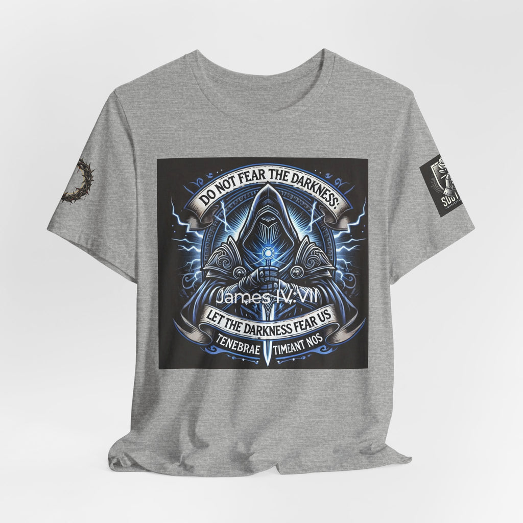 Do Not Fear the Darkness Graphic Tee — 'James IV:VII' Hooded Figure Shirt