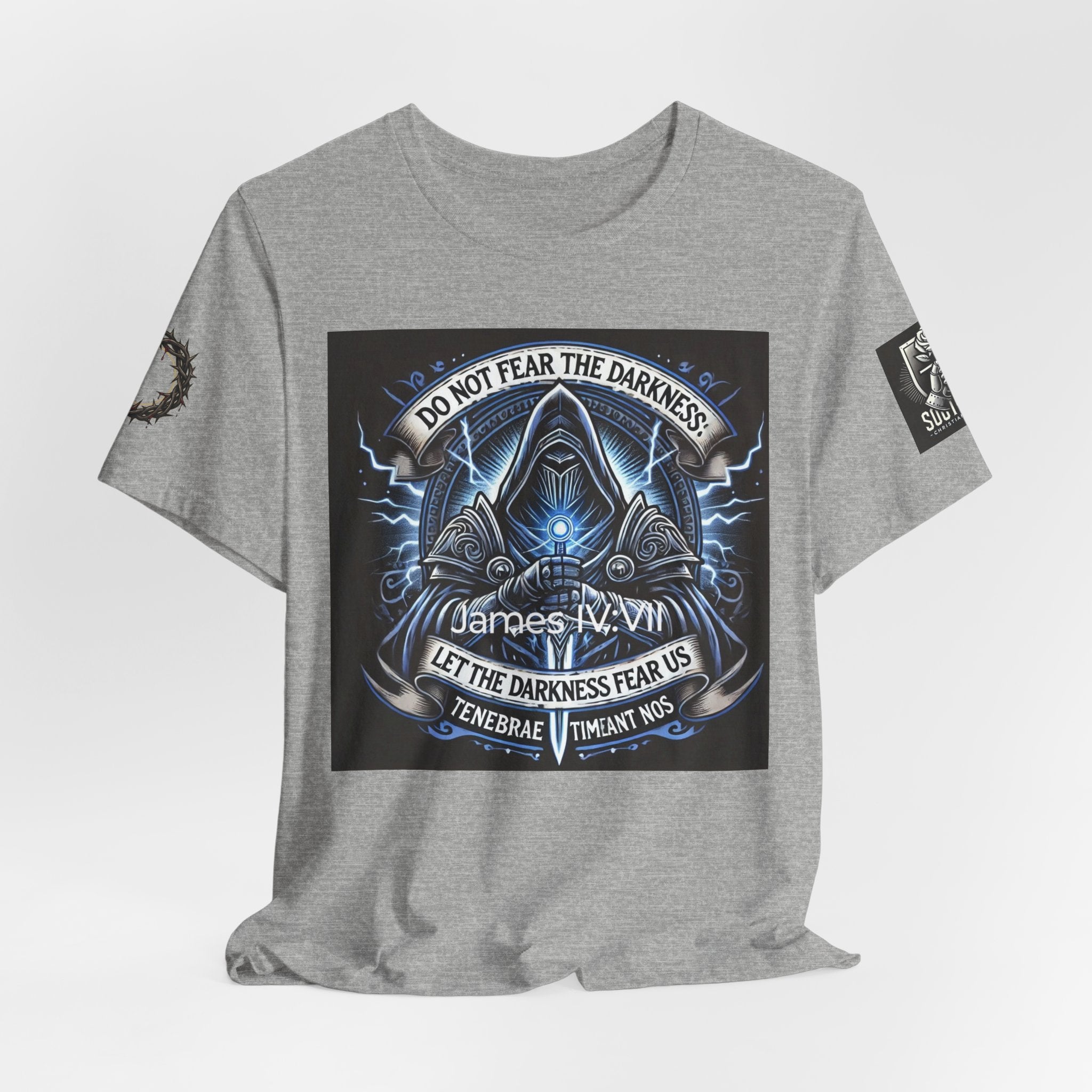 Do Not Fear the Darkness Graphic Tee — 'James IV:VII' Hooded Figure Shirt