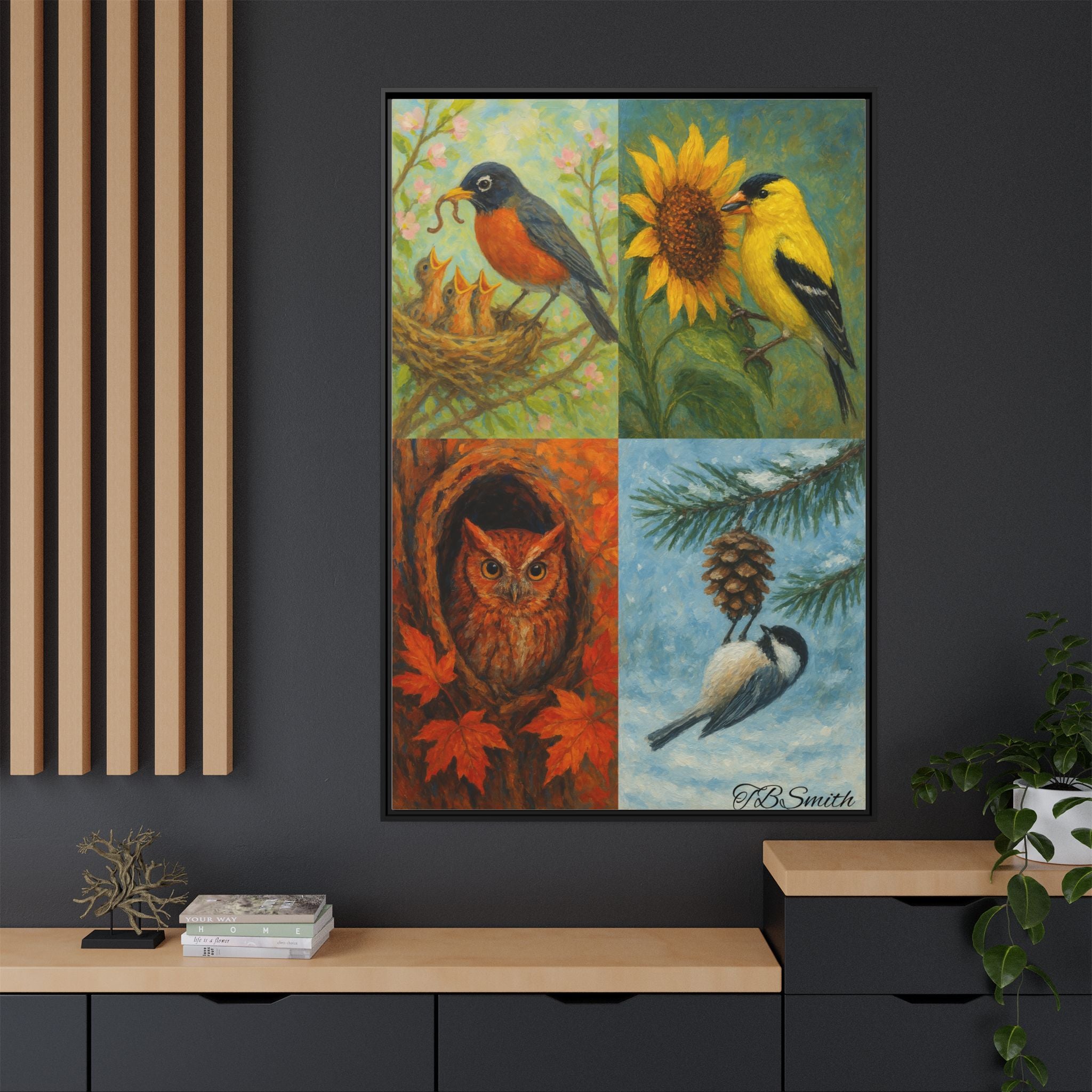 Framed Bird Trio Matte Canvas Art – Spring & Autumn Songbirds