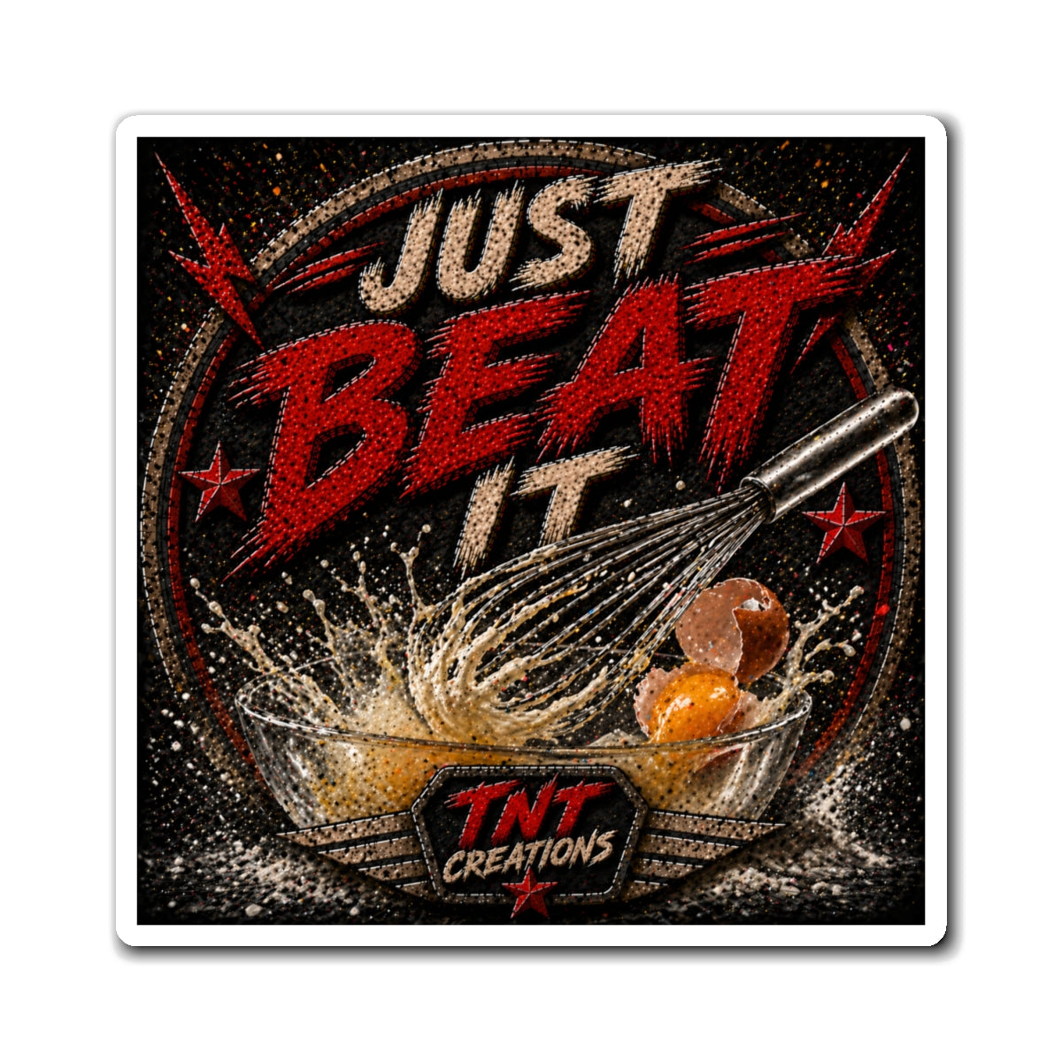 Just Beat It Kitchen Magnet — Baking Whisk & Eggs Vintage Graphic