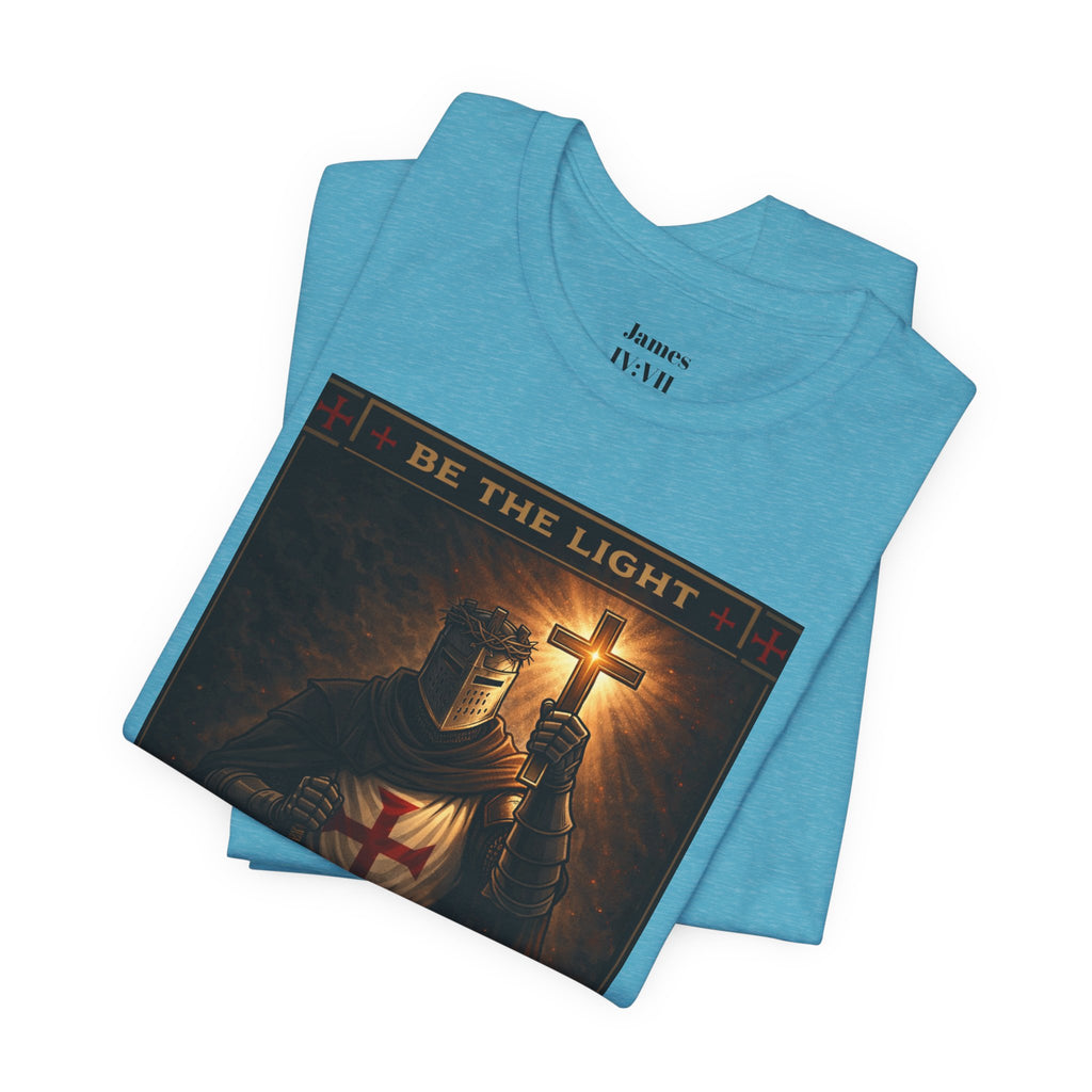 Christian Knight T-Shirt — "Be the Light" Crusader Graphic Tee (Don't Try Me Satan)