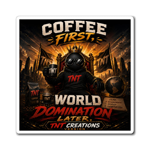 Coffee First Magnet — "World Domination Later" Retro Espresso Kitchen Magnet