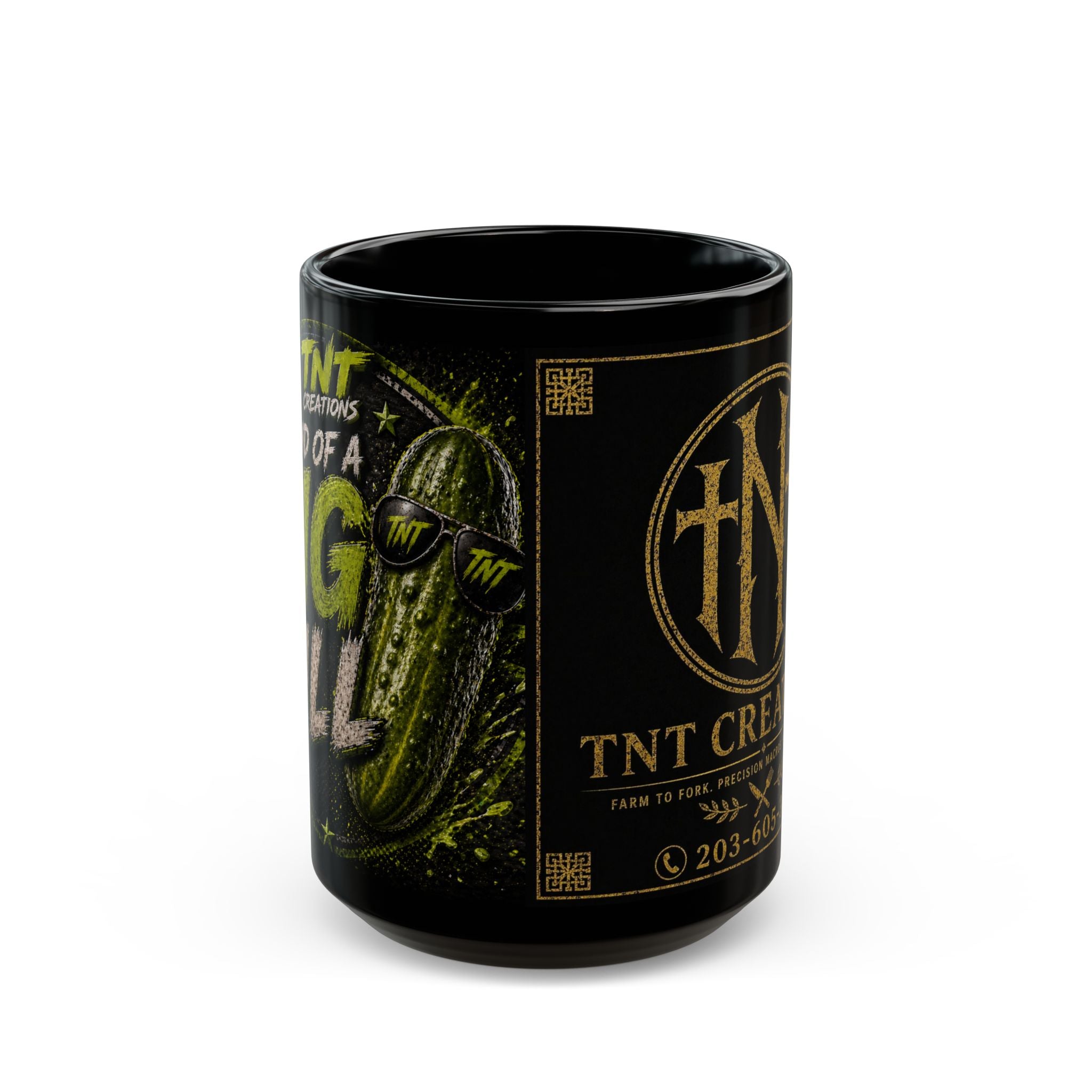 TNT Creations Black Ceramic Mug — Retro Pickle Graphic (11oz/15oz)