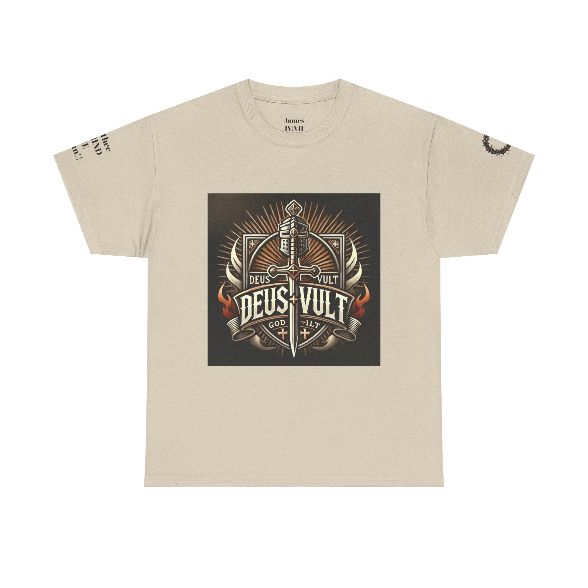 Deus Vult Sword T‑Shirt — Crusader Vintage Shield Design