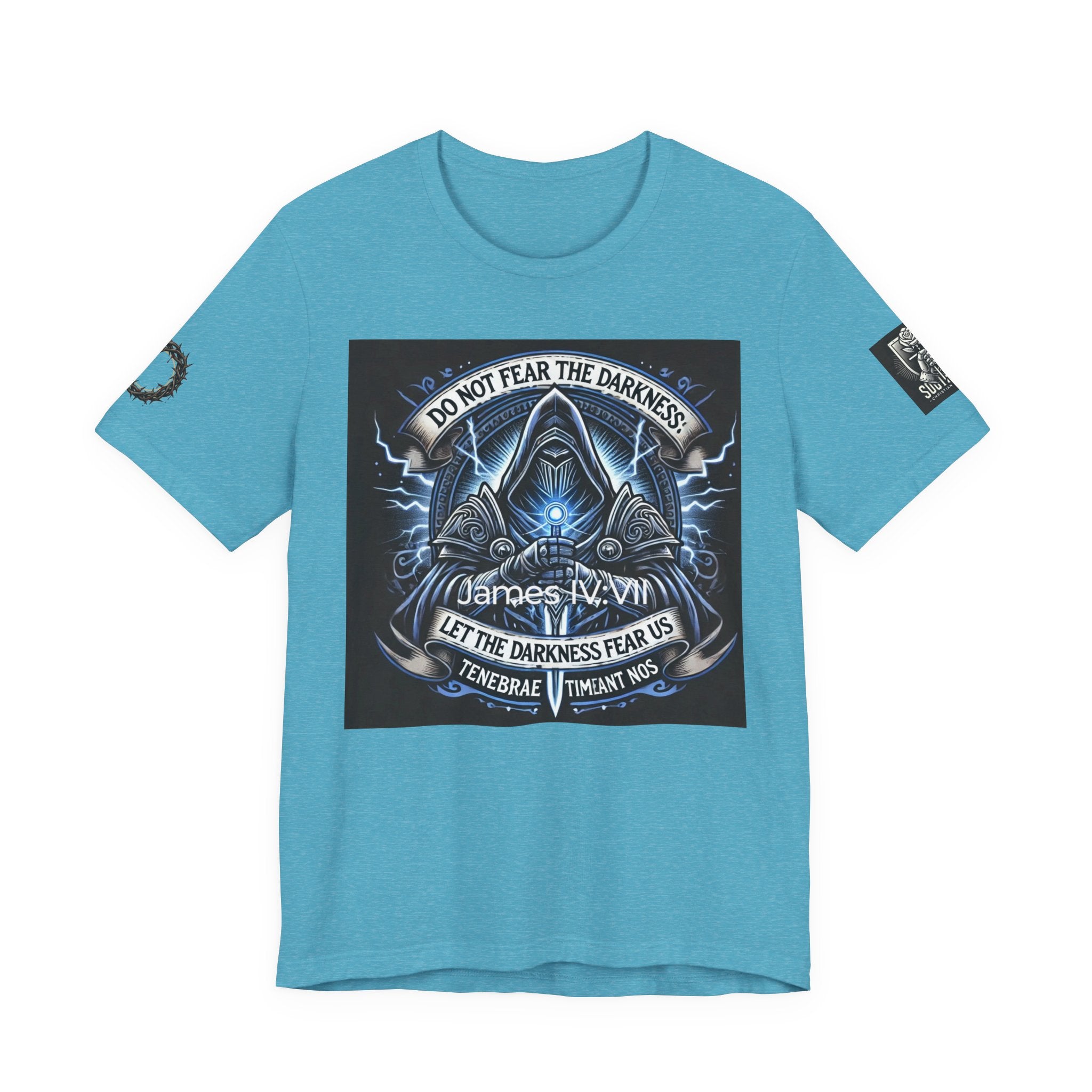Do Not Fear the Darkness Graphic Tee — 'James IV:VII' Hooded Figure Shirt