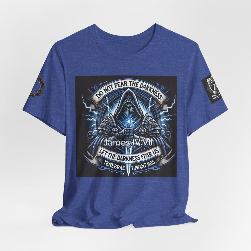Do Not Fear the Darkness Graphic Tee — 'James IV:VII' Hooded Figure Shirt