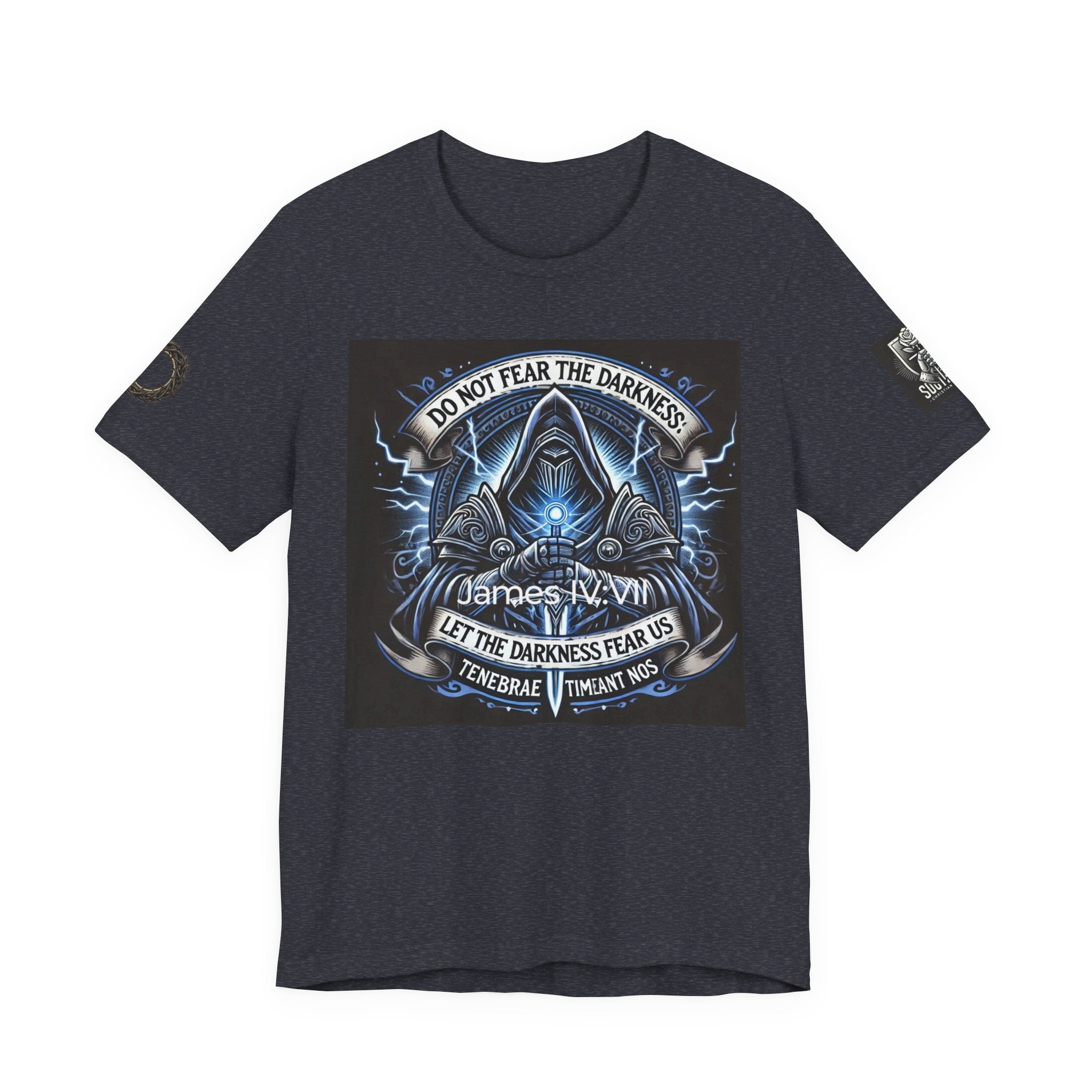 Do Not Fear the Darkness Graphic Tee — 'James IV:VII' Hooded Figure Shirt