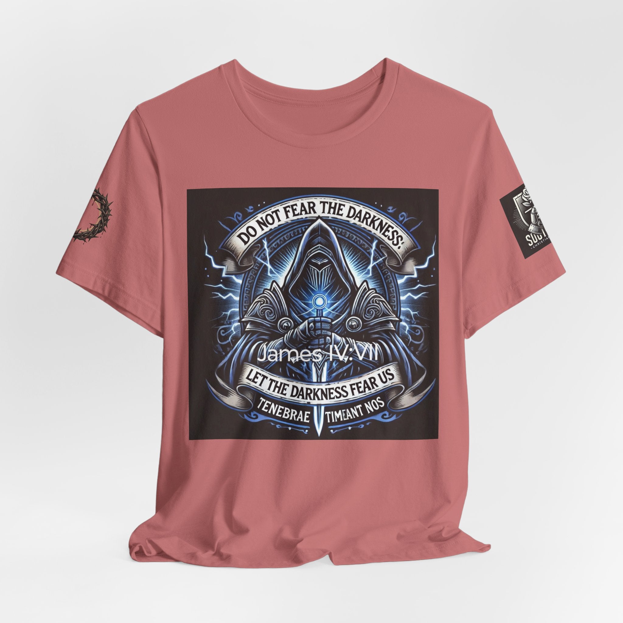 Do Not Fear the Darkness Graphic Tee — 'James IV:VII' Hooded Figure Shirt