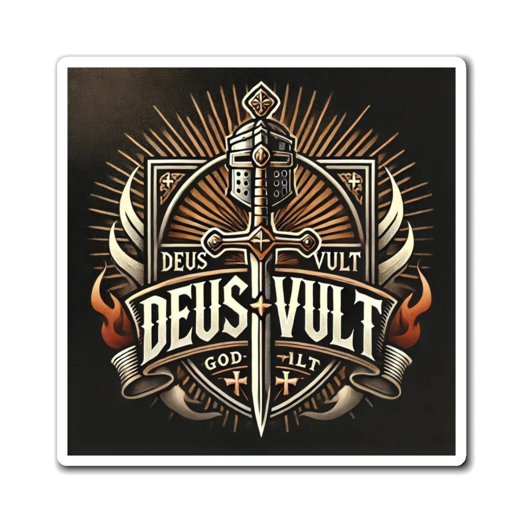 Deus Vult Crusader Sword Magnet — Medieval Knight Emblem Fridge Sticker