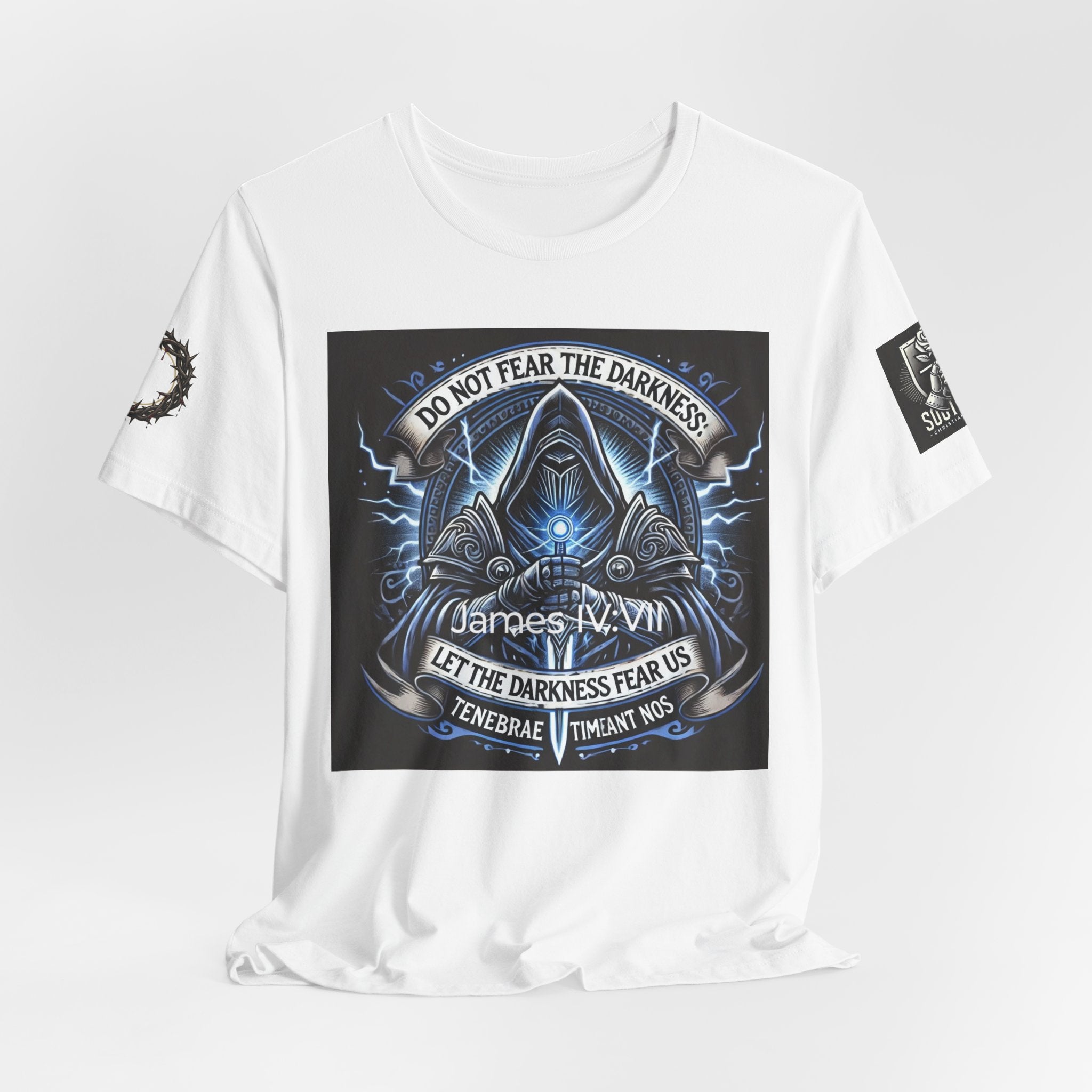 Do Not Fear the Darkness Graphic Tee — 'James IV:VII' Hooded Figure Shirt