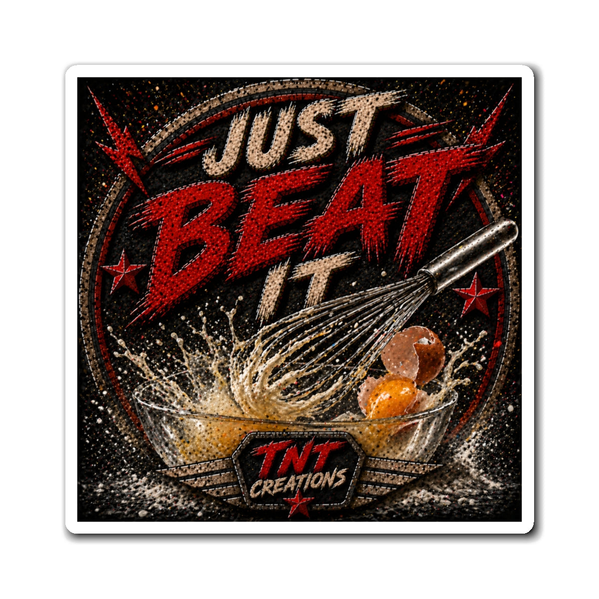 Just Beat It Kitchen Magnet — Baking Whisk & Eggs Vintage Graphic