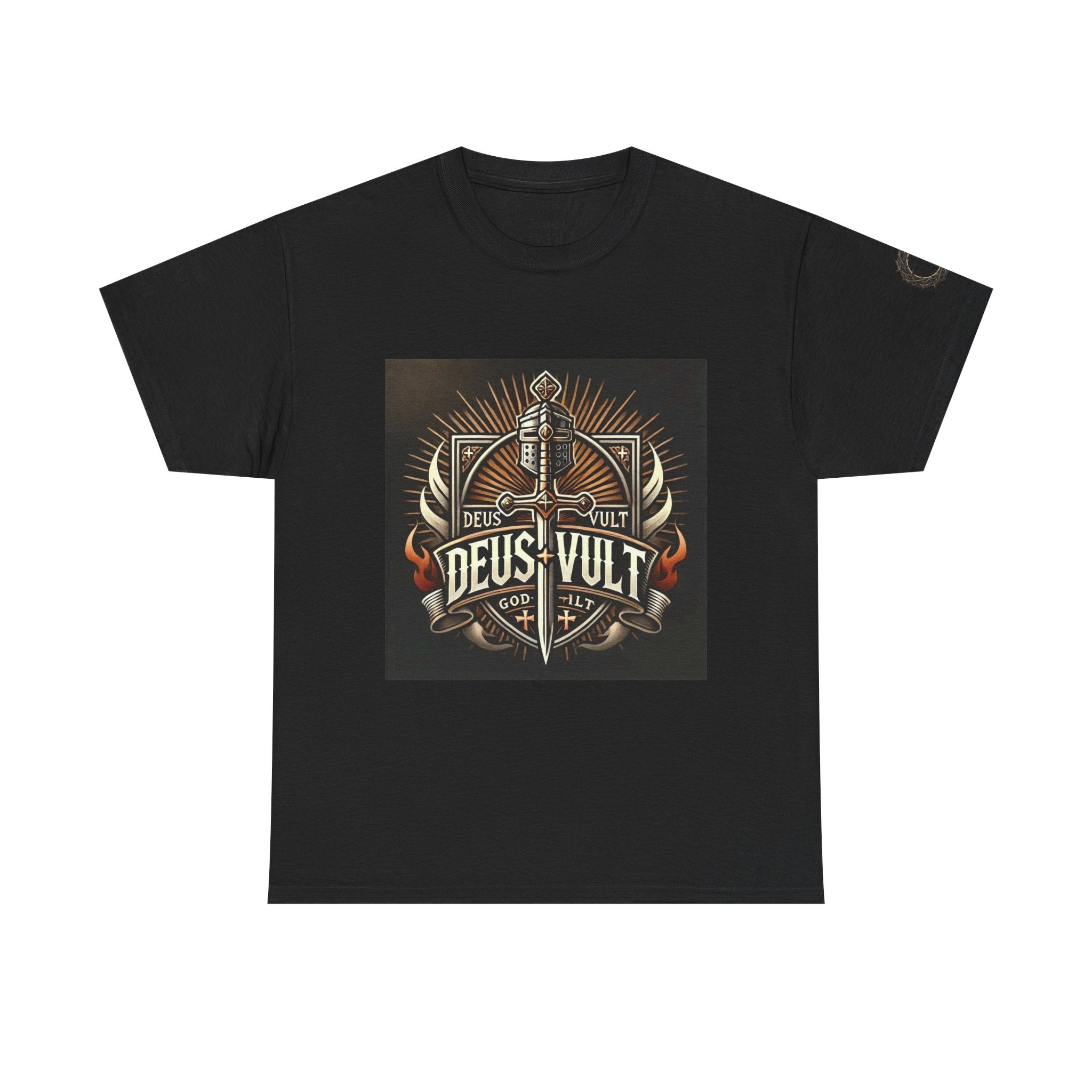 Deus Vult Sword T‑Shirt — Crusader Vintage Shield Design