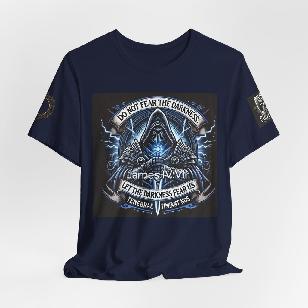 Do Not Fear the Darkness Graphic Tee — 'James IV:VII' Hooded Figure Shirt
