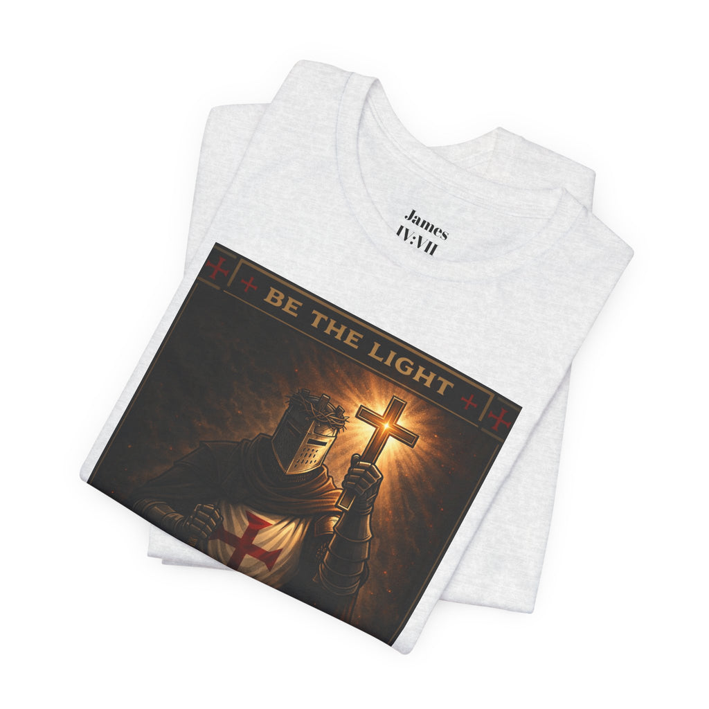 Christian Knight T-Shirt — "Be the Light" Crusader Graphic Tee (Don't Try Me Satan)