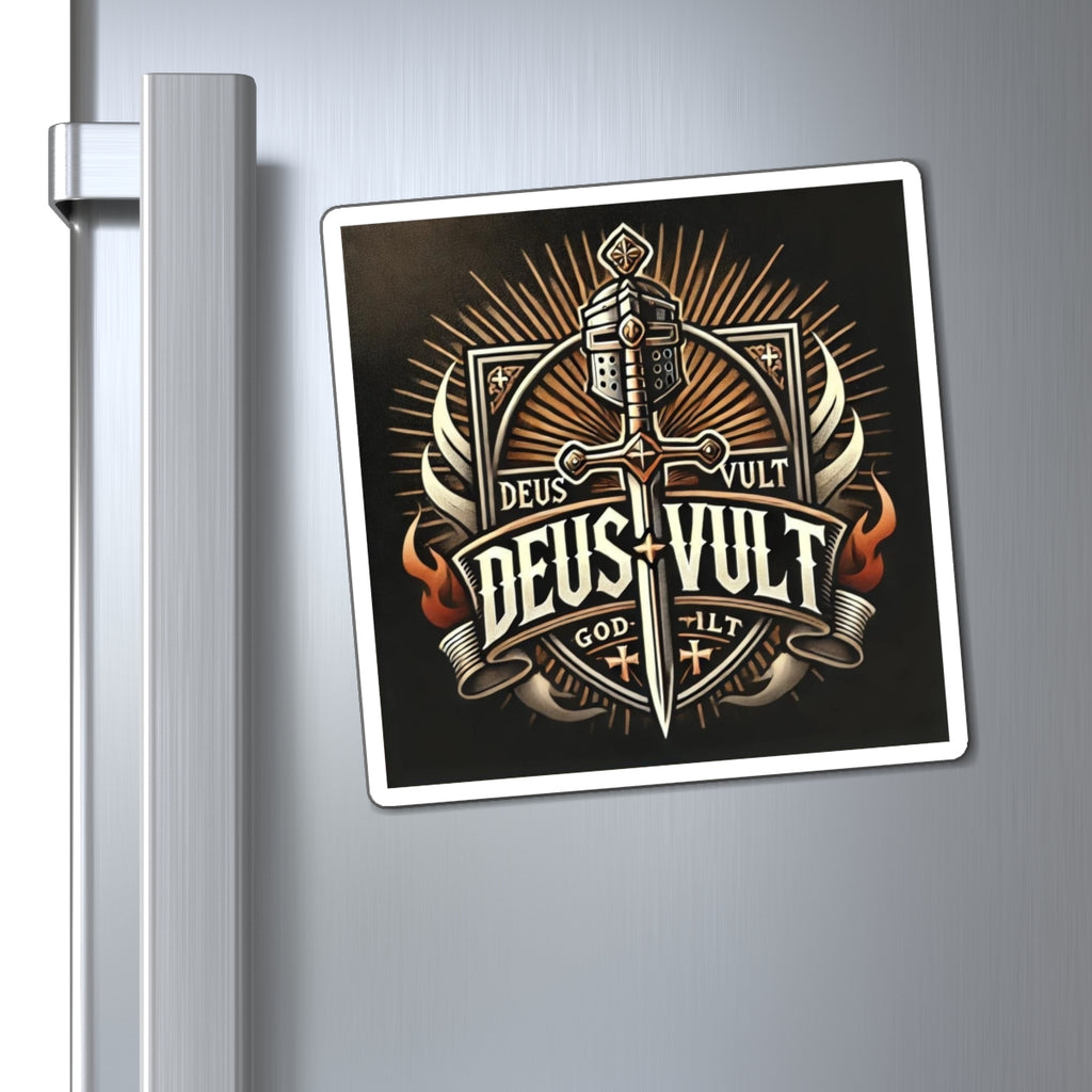 Deus Vult Crusader Sword Magnet — Medieval Knight Emblem Fridge Sticker